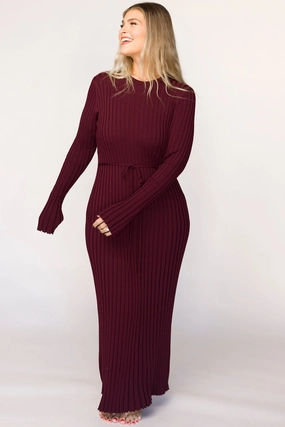 Guest Shine Colette Premium Long Sleeved Ribbed Knit Maxi Dress in Burgundy - Bump Friendly
