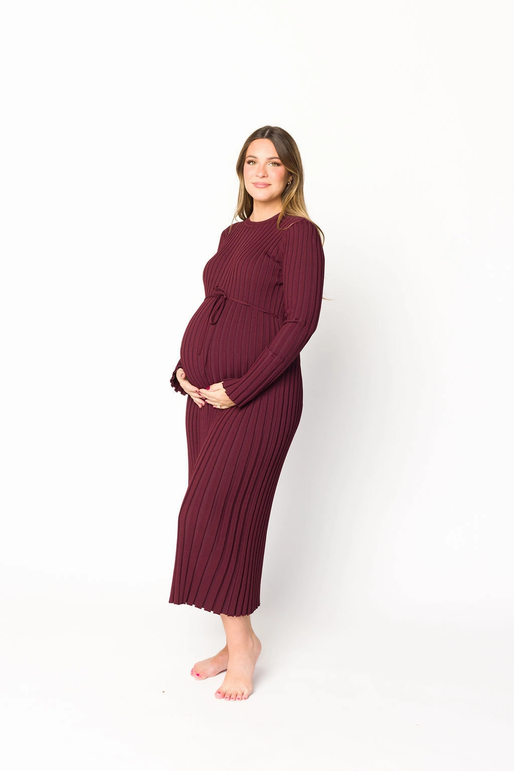 Colette Premium Long Sleeved Ribbed Knit Maxi Dress in Burgundy - Bump Friendly Natural Tones