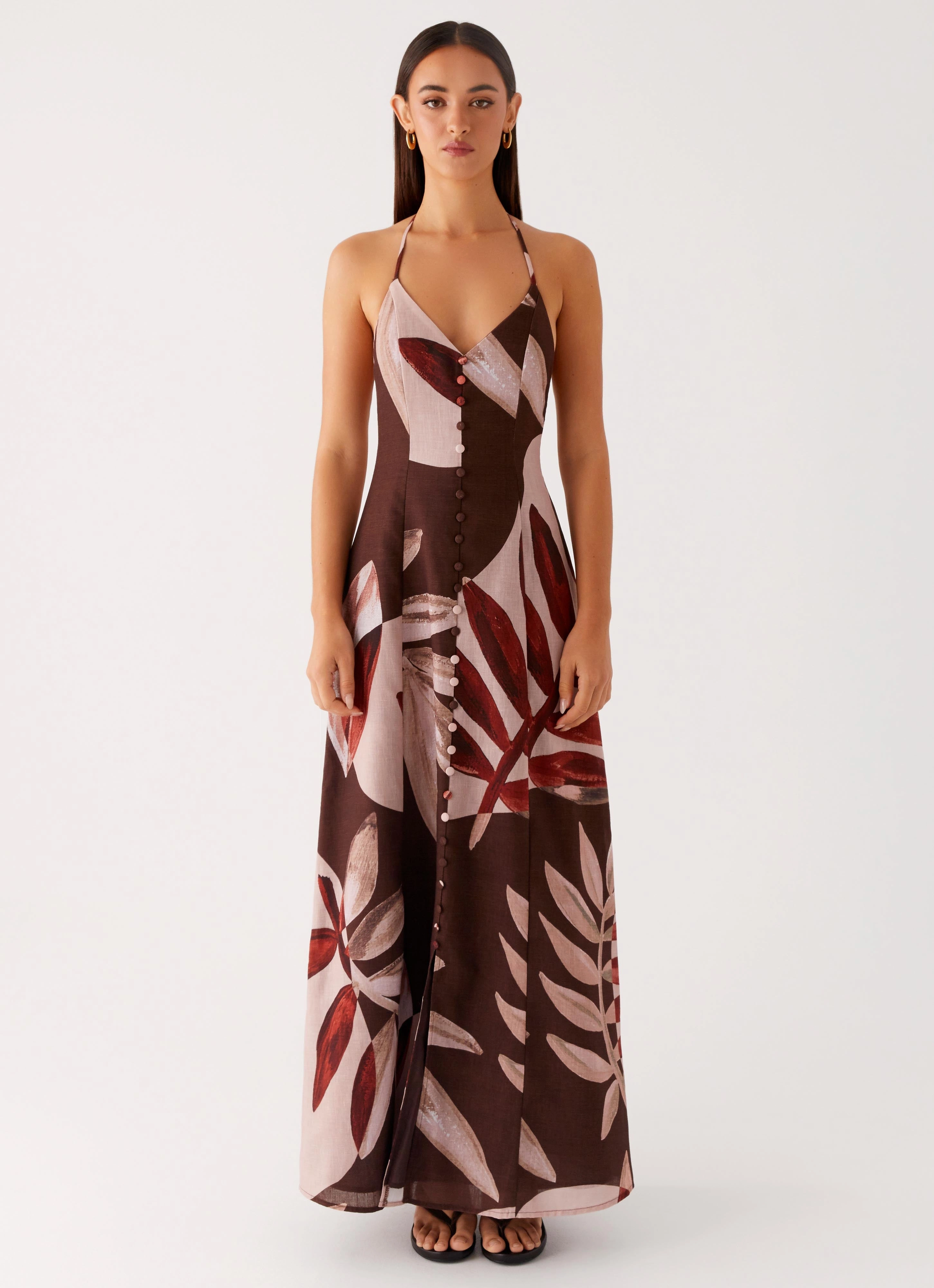 Autumn Linen Maxi Dress - Cinnamon Palm Minimalist-Trend Open Back