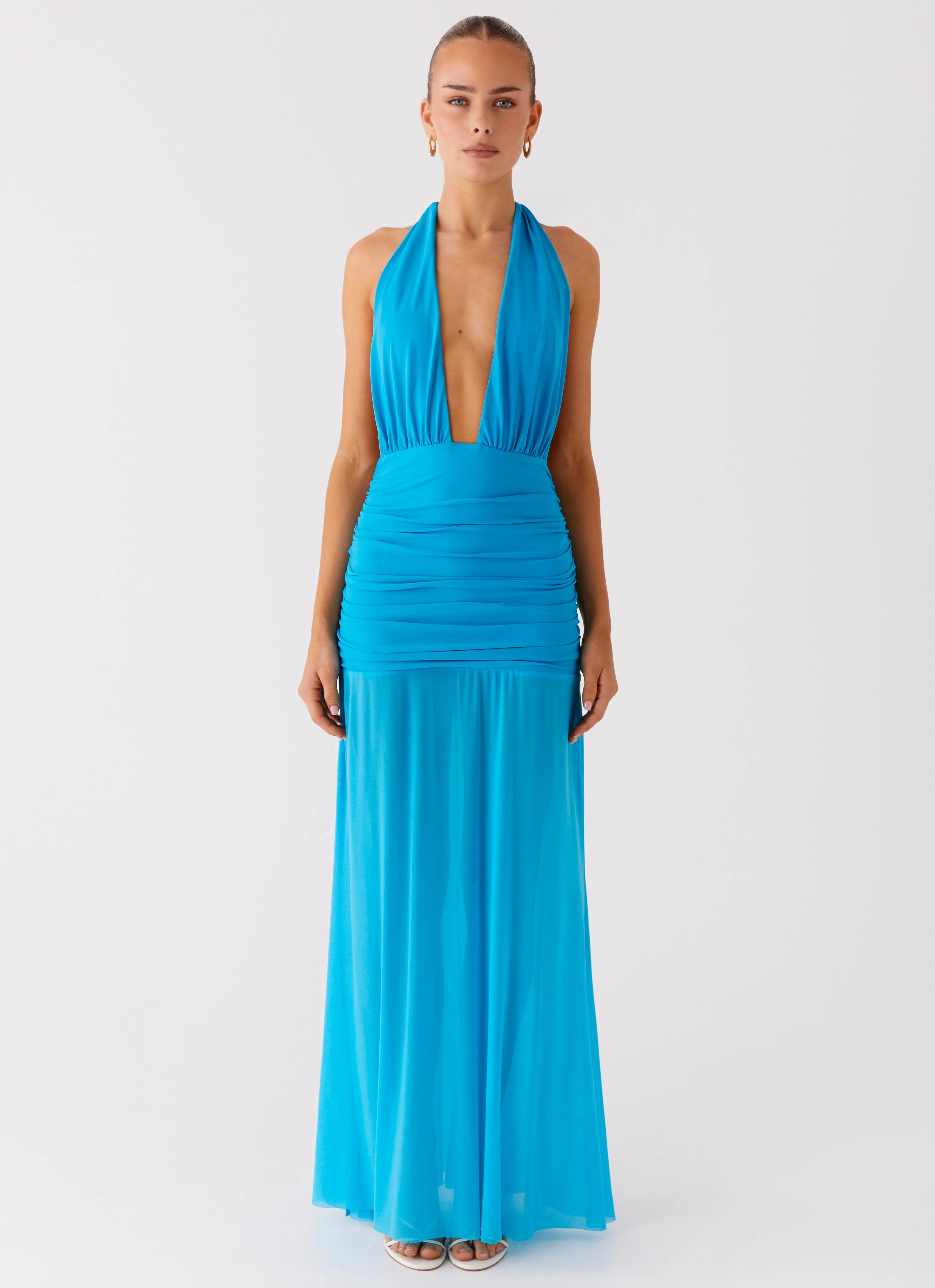 Dilemma Halter Maxi Dress - Turquoise Blue Quilted-Texture Flattering Fit Wear