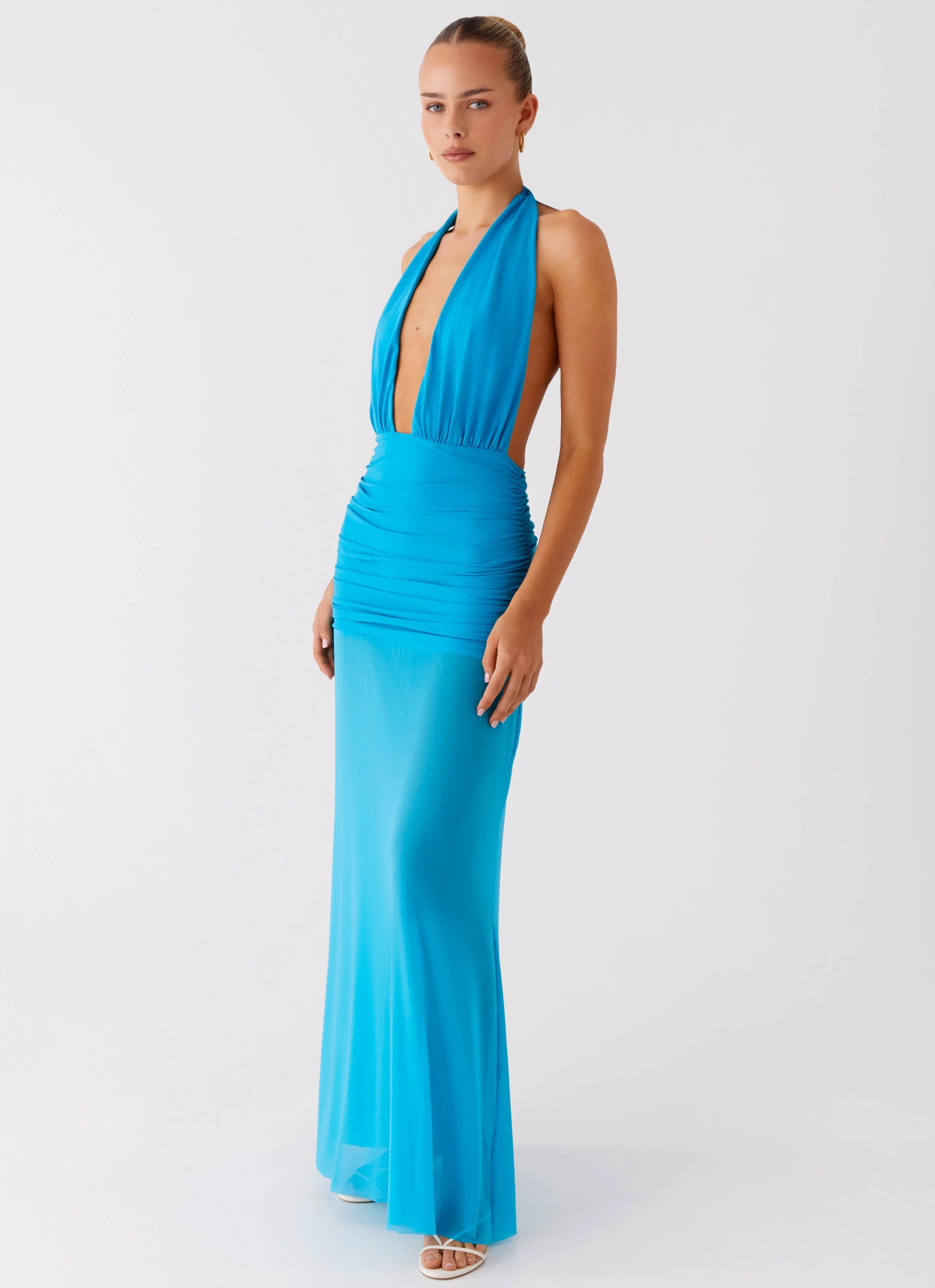 Side-Slit Trend Detail Dilemma Halter Maxi Dress - Turquoise Blue