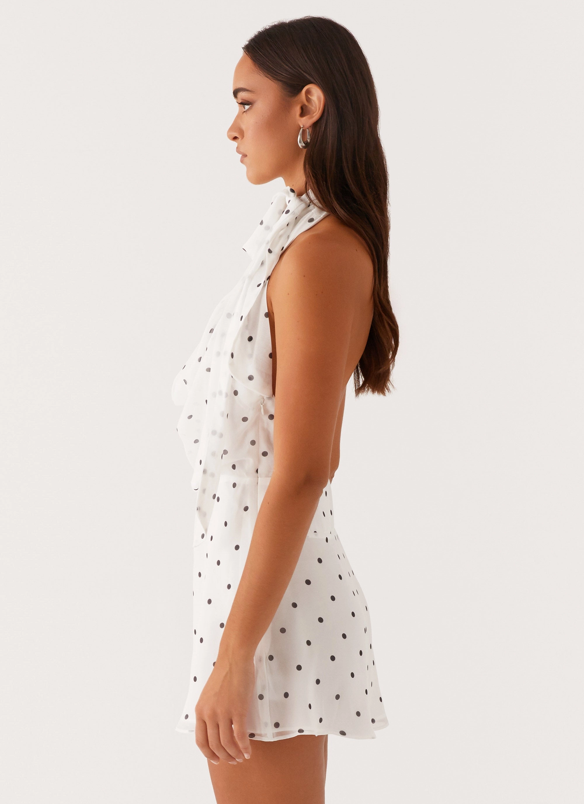 Runway-Ready Cozy Wearable Avalia Backless Scarf Mini Dress - White Polka Dot