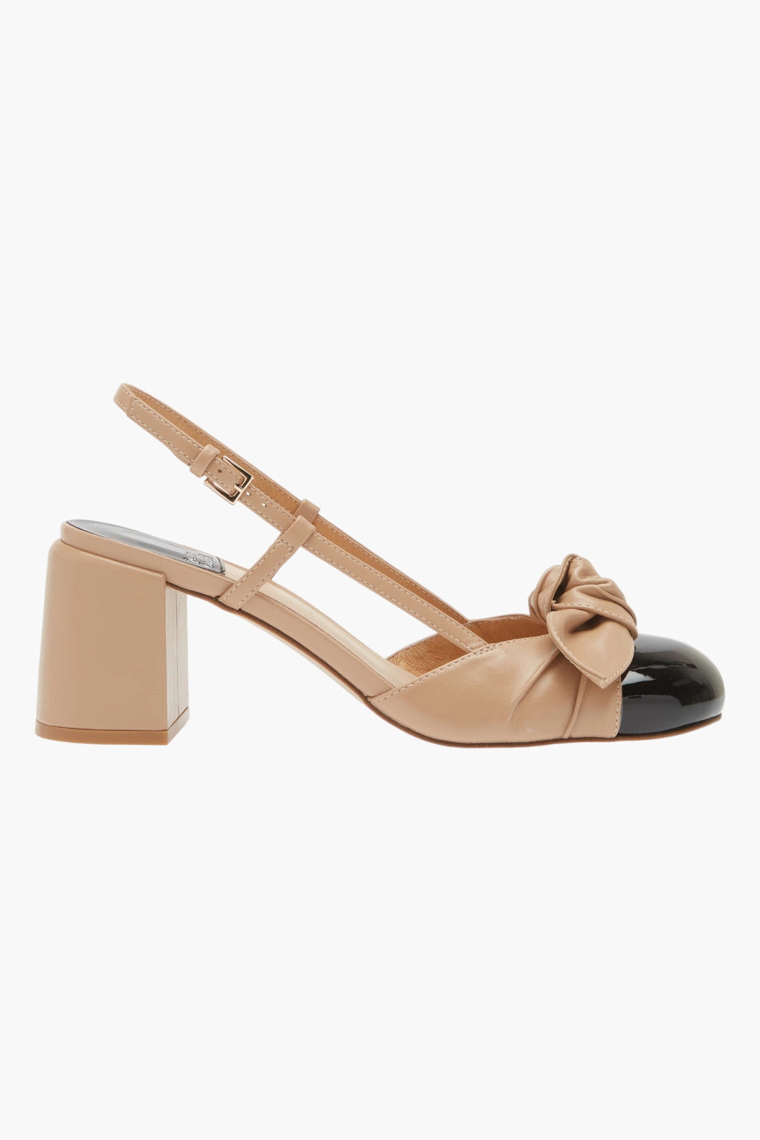 Statement style Babydoll Slingback Cap Toe Pump in Natural Black Patent