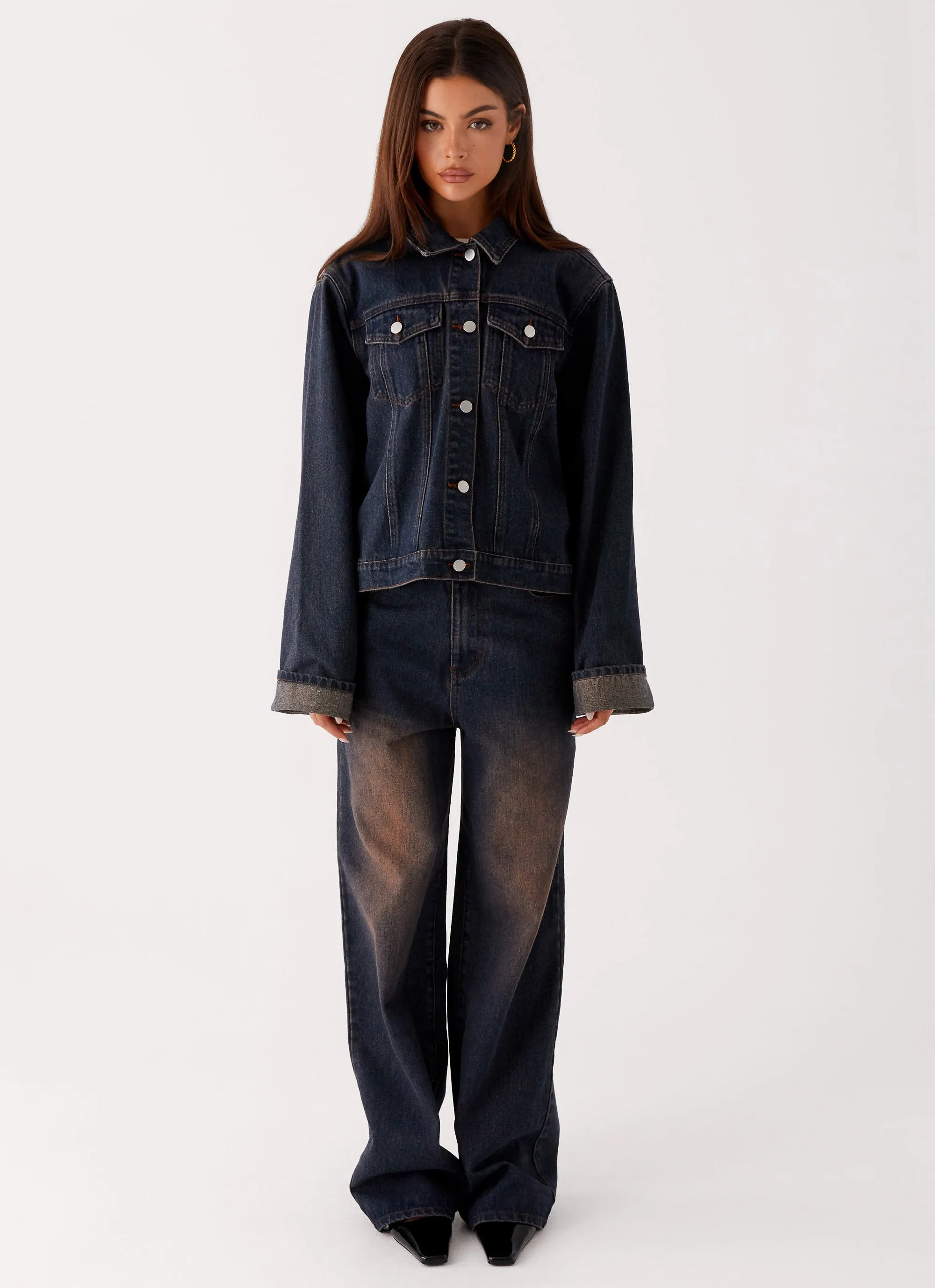 Biker Back Again Oversized Denim Jacket - Brown Blue Acid Wash