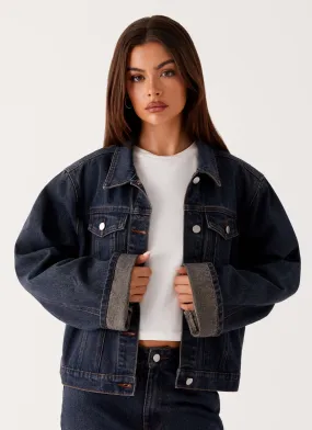 Back Again Oversized Denim Jacket - Brown Blue Acid Wash Premium Fit Thermoregulating Insulation
