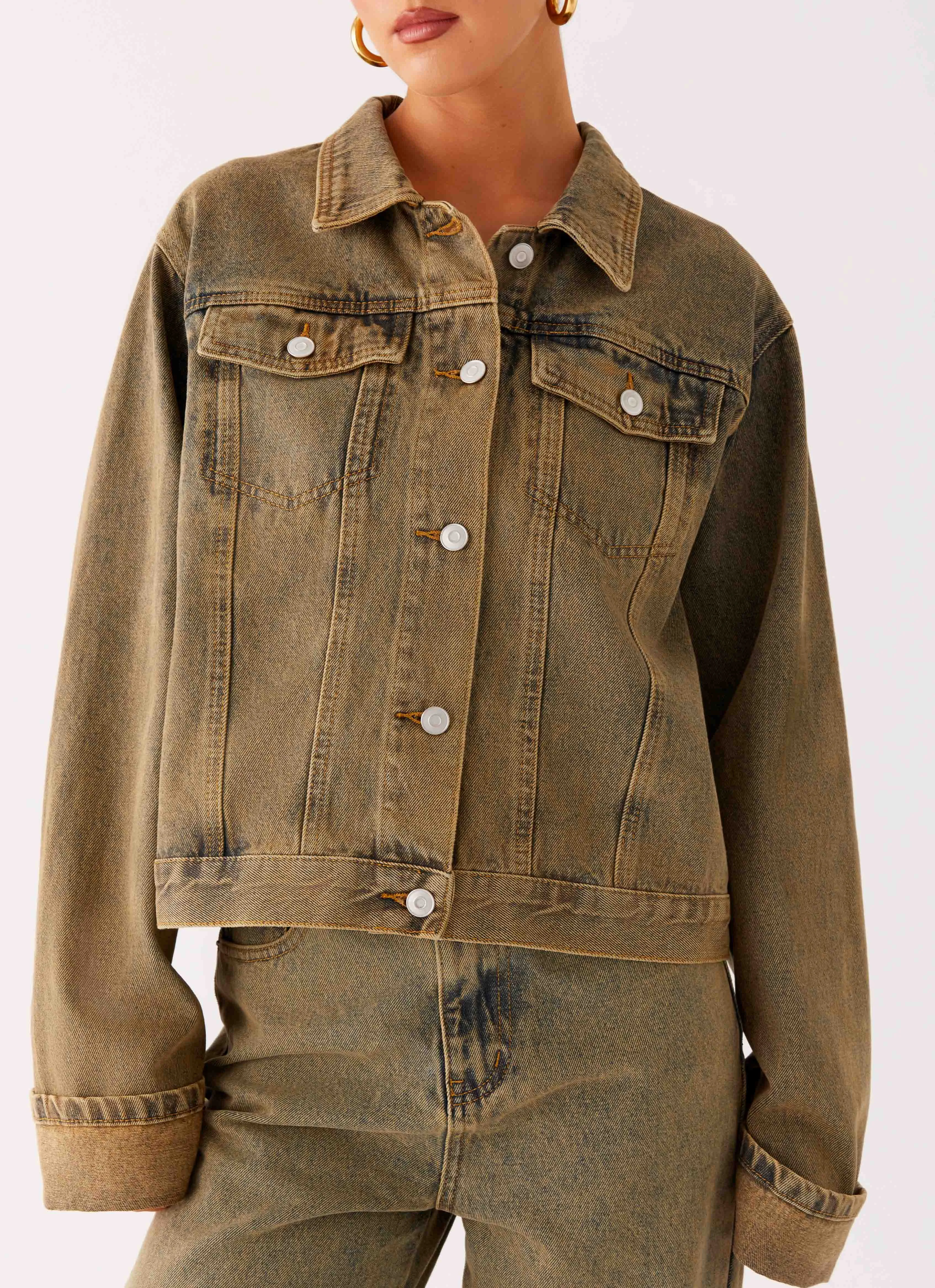 Art Back Again Oversized Denim Jacket - Brown Sand Wash
