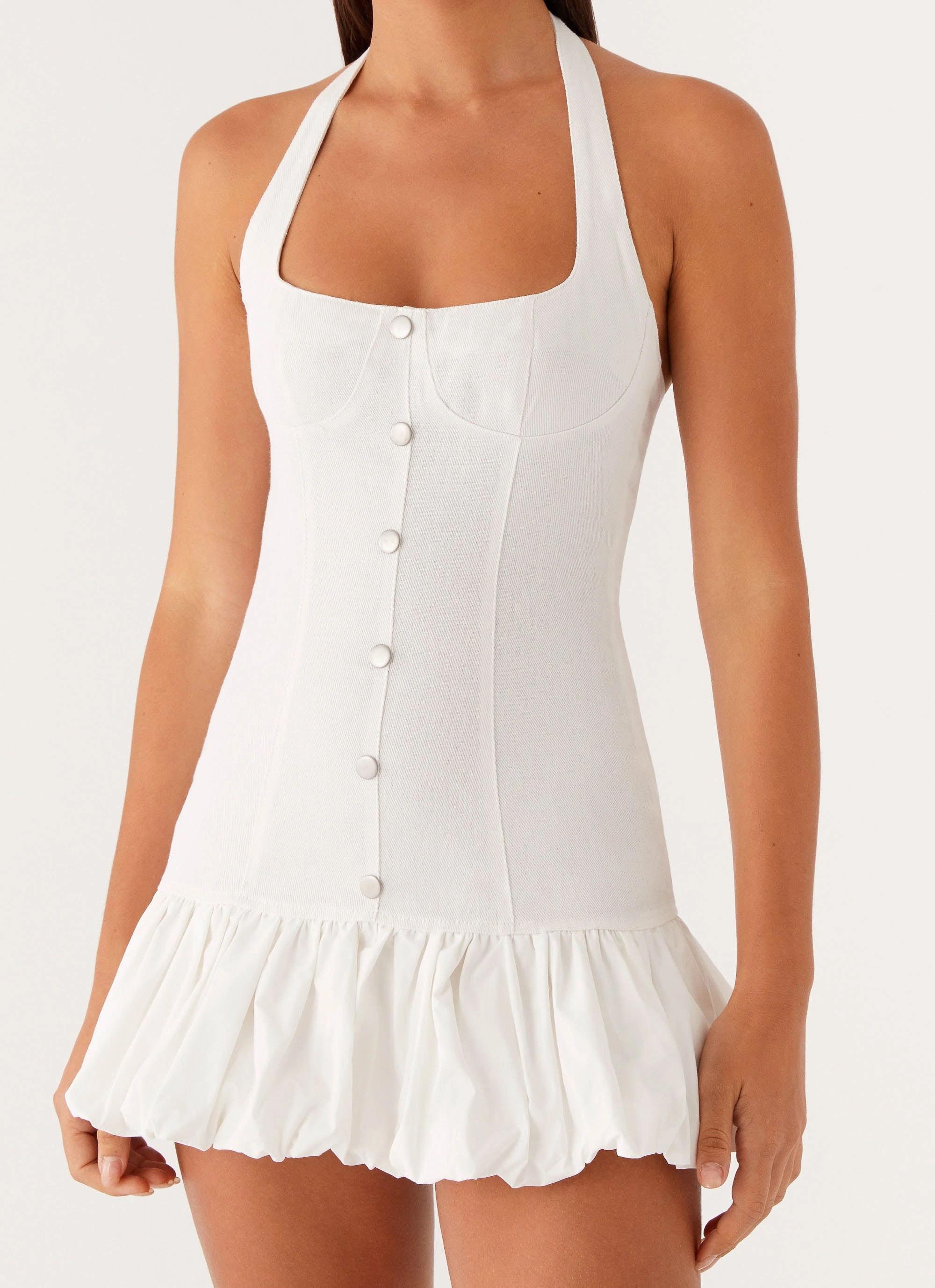 Noble Aura Georgina Denim Mini Dress - White