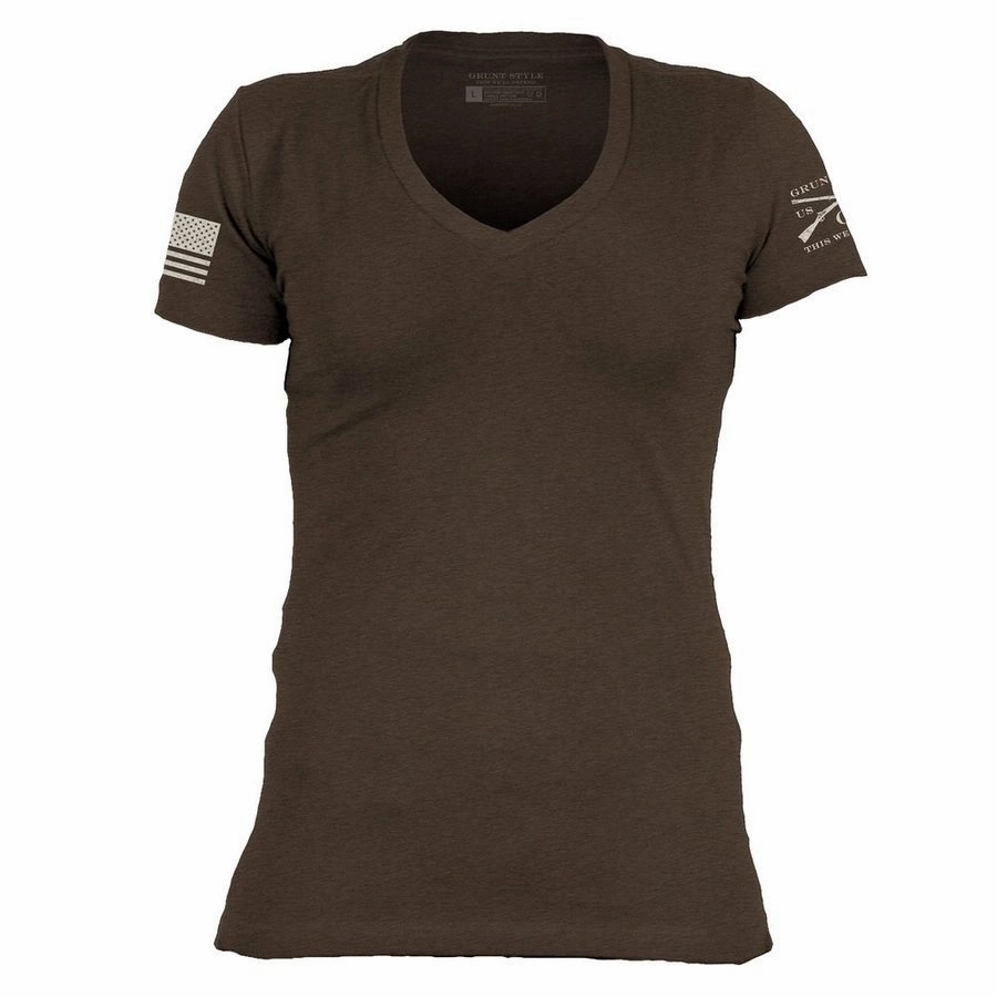 High Durability Weave Smart Fit Basic T-Shirt Women's V-Neck - Heather Brown