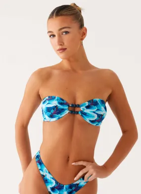 Breathable Mesh Panels Quick Release Closures Beach Bound Strapless Bikini Top - Turquoise Floral
