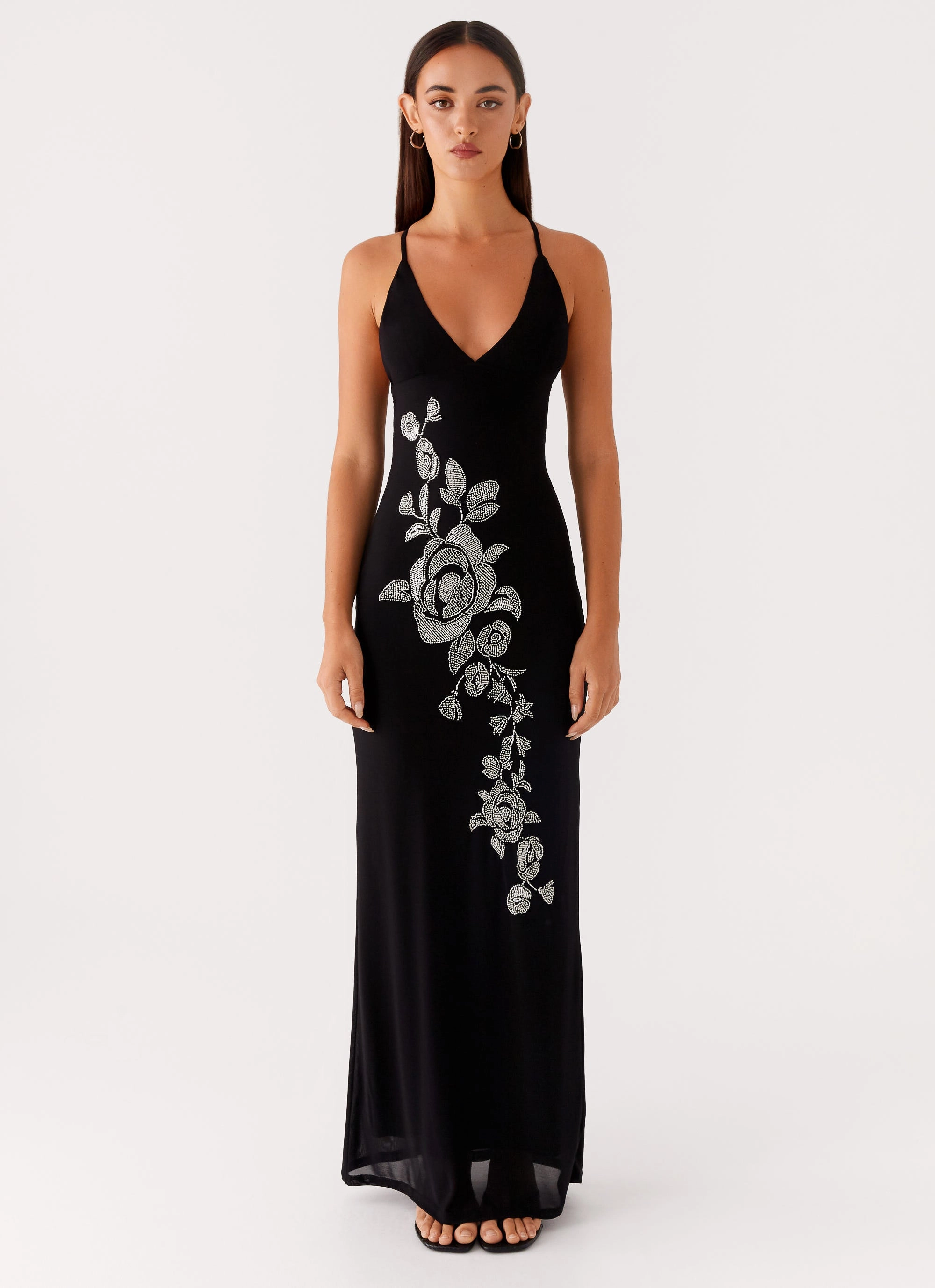 Beki Beaded Mesh Maxi Dress - Black Subtle Glow