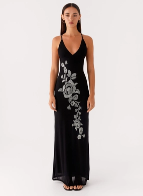 Beki Beaded Mesh Maxi Dress - Black Subtle Glow