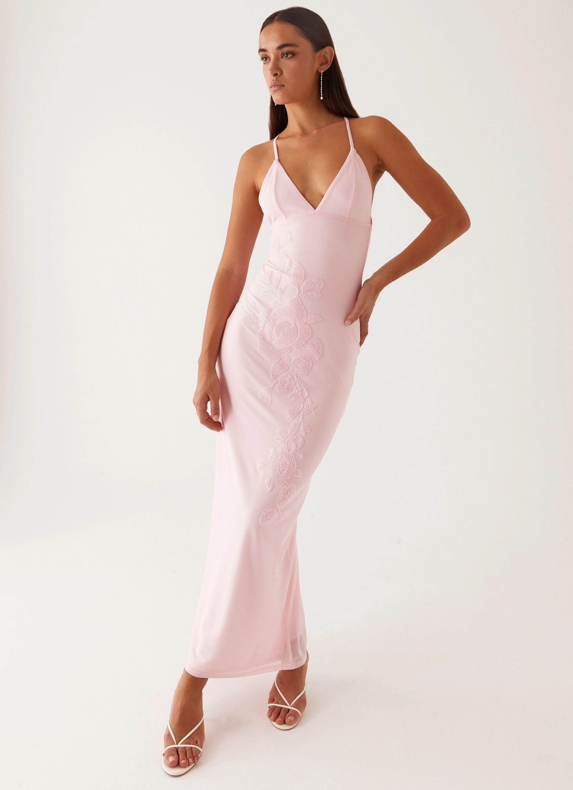 Beki Beaded Mesh Maxi Dress - Pink Easy Pick A Line Cut