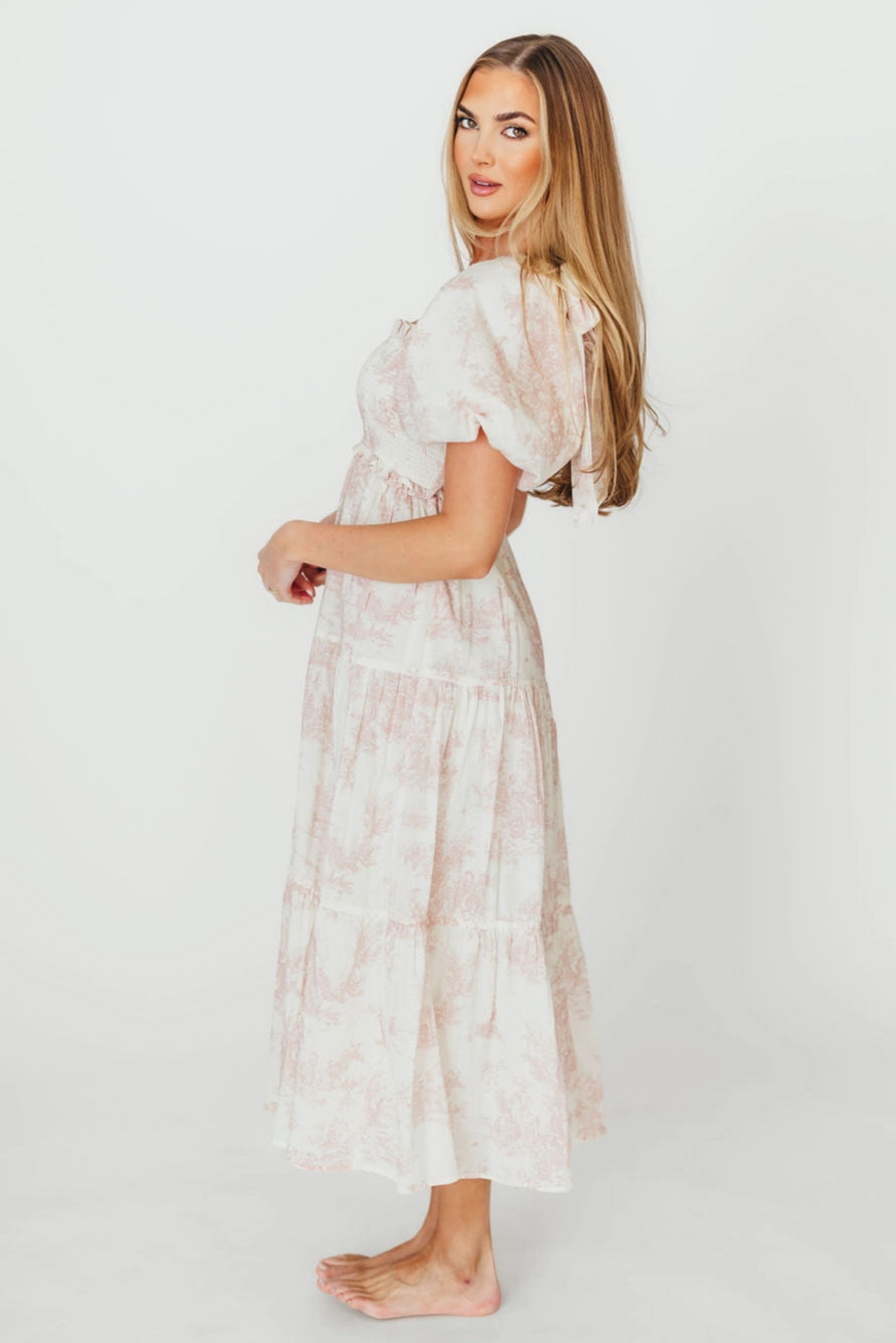 Chill Wear Feminine Touch Elena 100% Cotton Toile Print Smocked Midi Dress in Pink - Bump Friendly (Restocking in Oct)