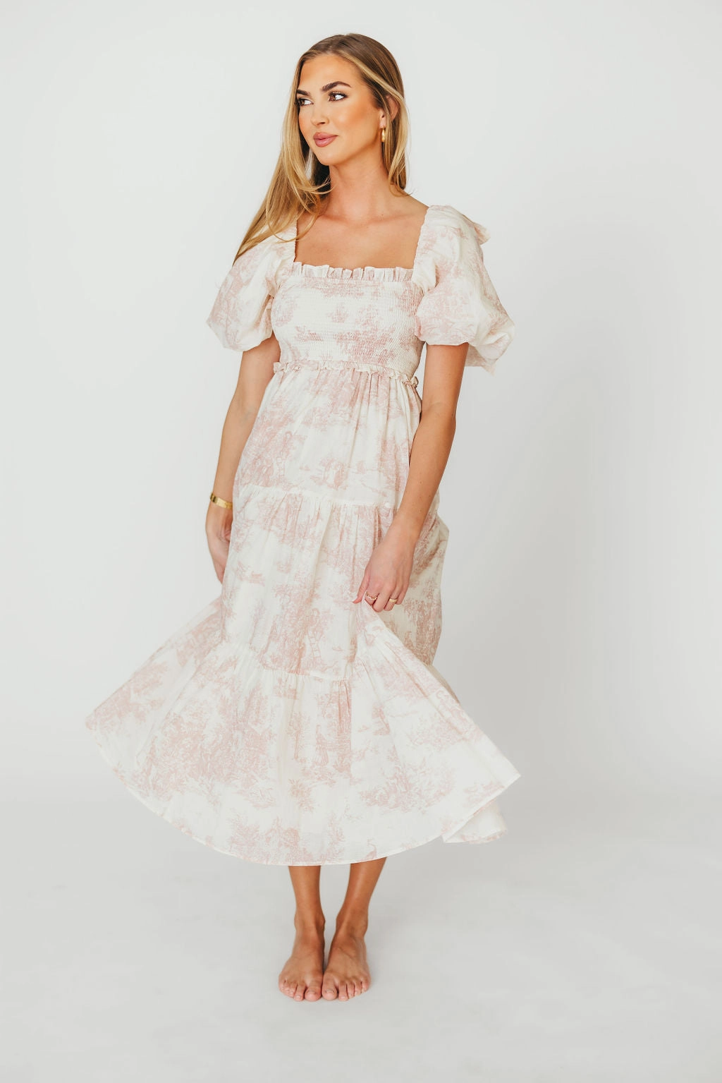Modern Twist Elena 100% Cotton Toile Print Smocked Midi Dress in Pink - Bump Friendly (Restocking in Oct)
