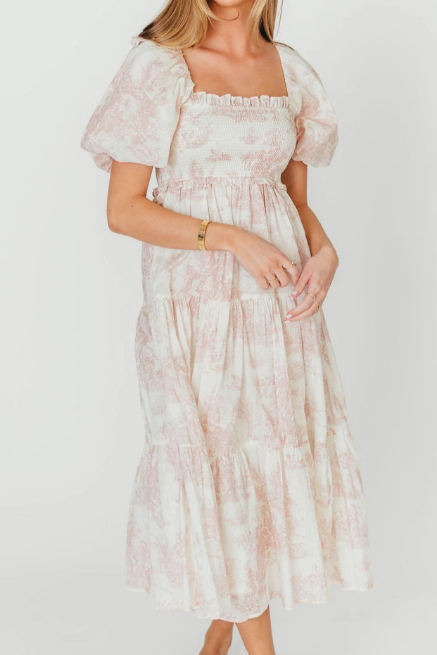 Elena 100% Cotton Toile Print Smocked Midi Dress in Pink - Bump Friendly (Restocking in Oct) Fall Silhouette