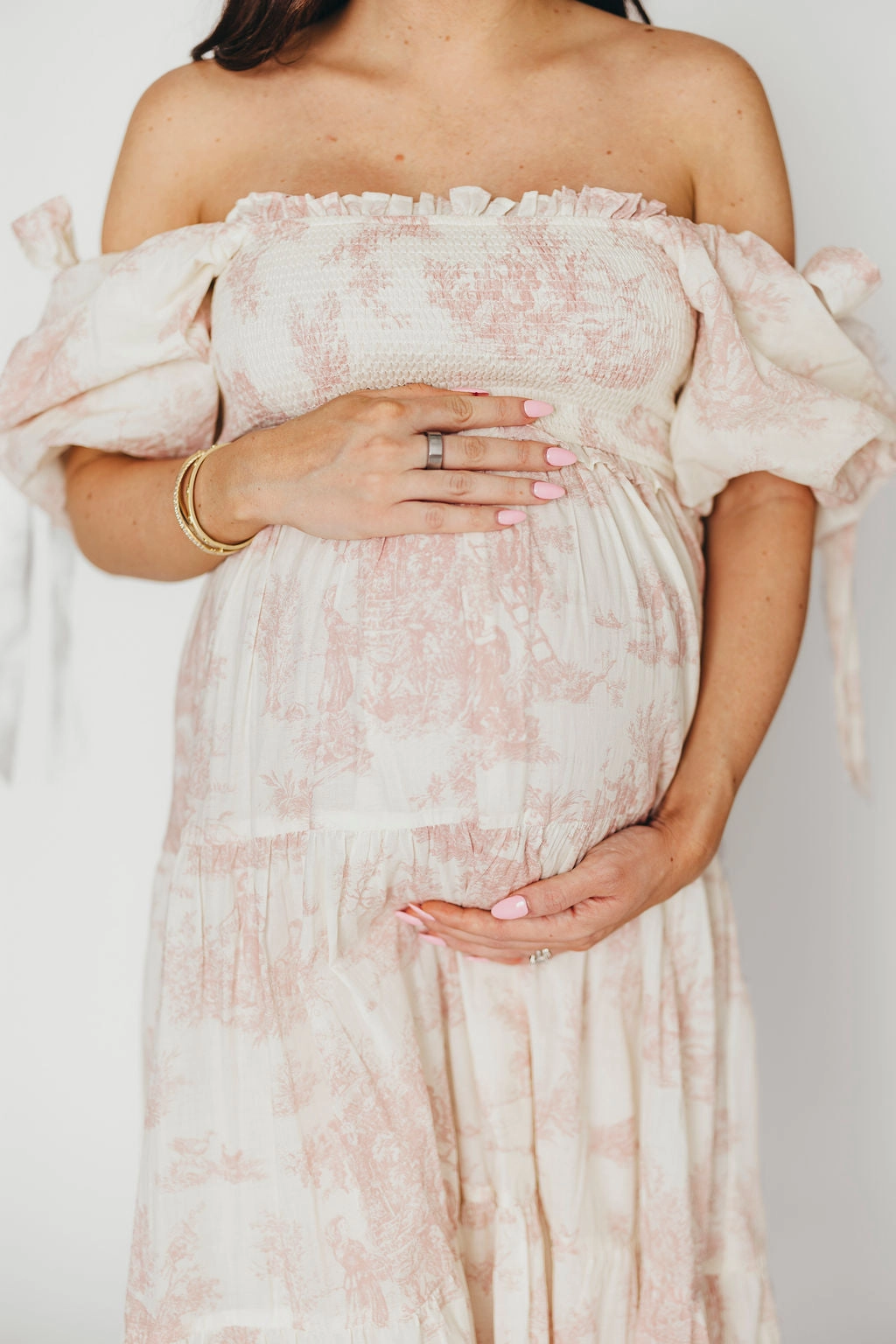 Crisp Look Elena 100% Cotton Toile Print Smocked Midi Dress in Pink - Bump Friendly (Restocking in Oct)