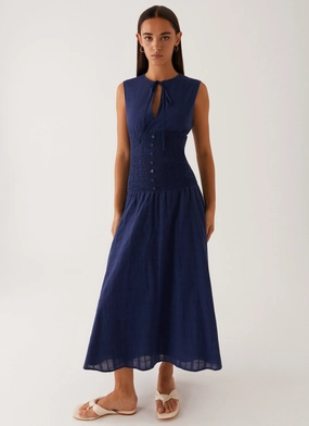 Belle Shirred Waist Midi Dress - Navy All Purpose
