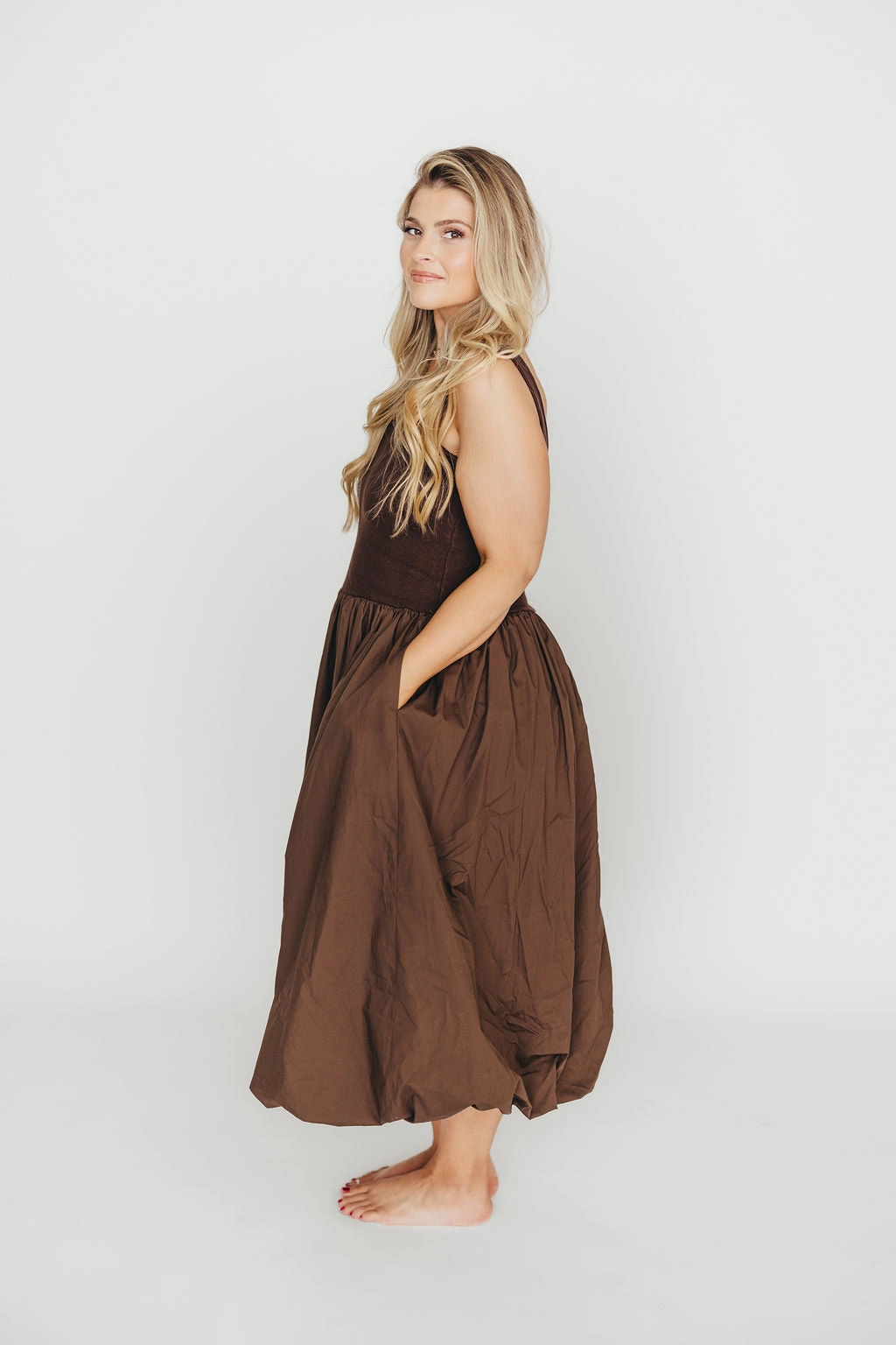 Anytime Wear Romantic dinner wear Betty Midi Dress in Brown *Final-Sale*