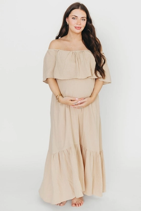 Everyday-Comfort Inner Glow Josie 100% Cotton Maxi Dress in Beige - Bump & Nursing Friendly *Final-Sale*