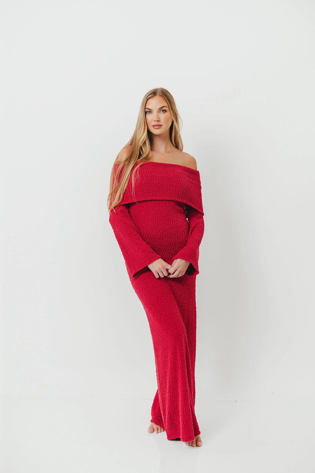 Nora Knit Maxi Dress in Muted Red - Bump Friendly Slim Touch