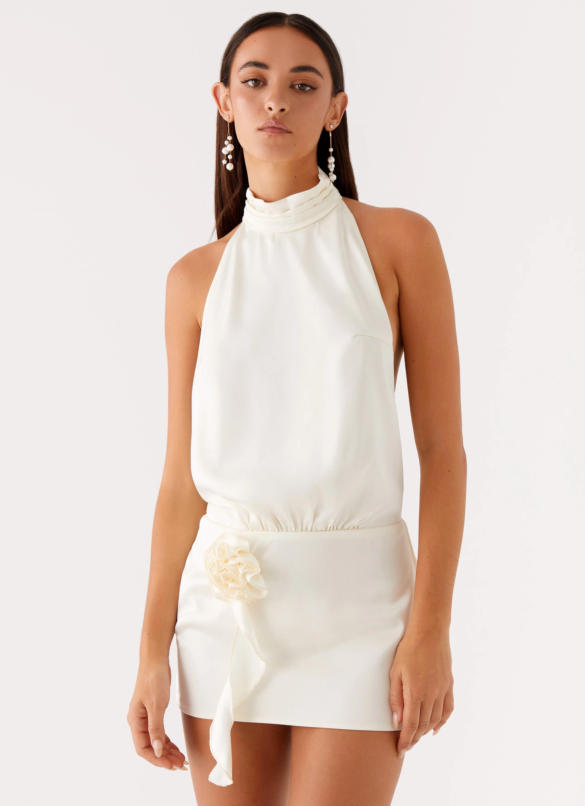 Birdie Halterneck Mini Dress - Ivory Sleek Drape Statement Neck