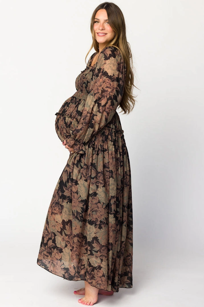 Soft Motion Blaine Smocked Maxi Dress in Black Floral