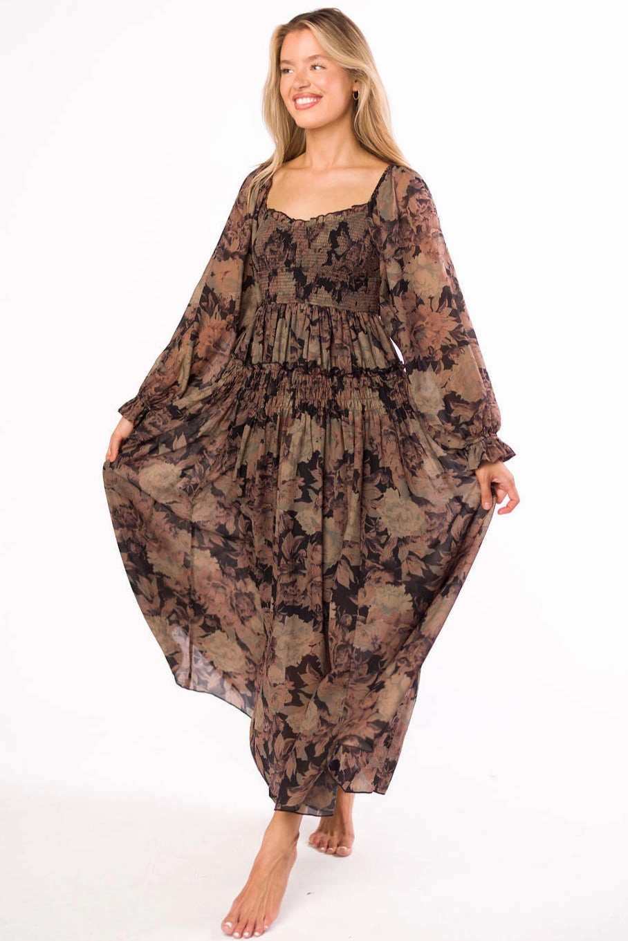 Blaine Smocked Maxi Dress in Black Floral Mini-Length