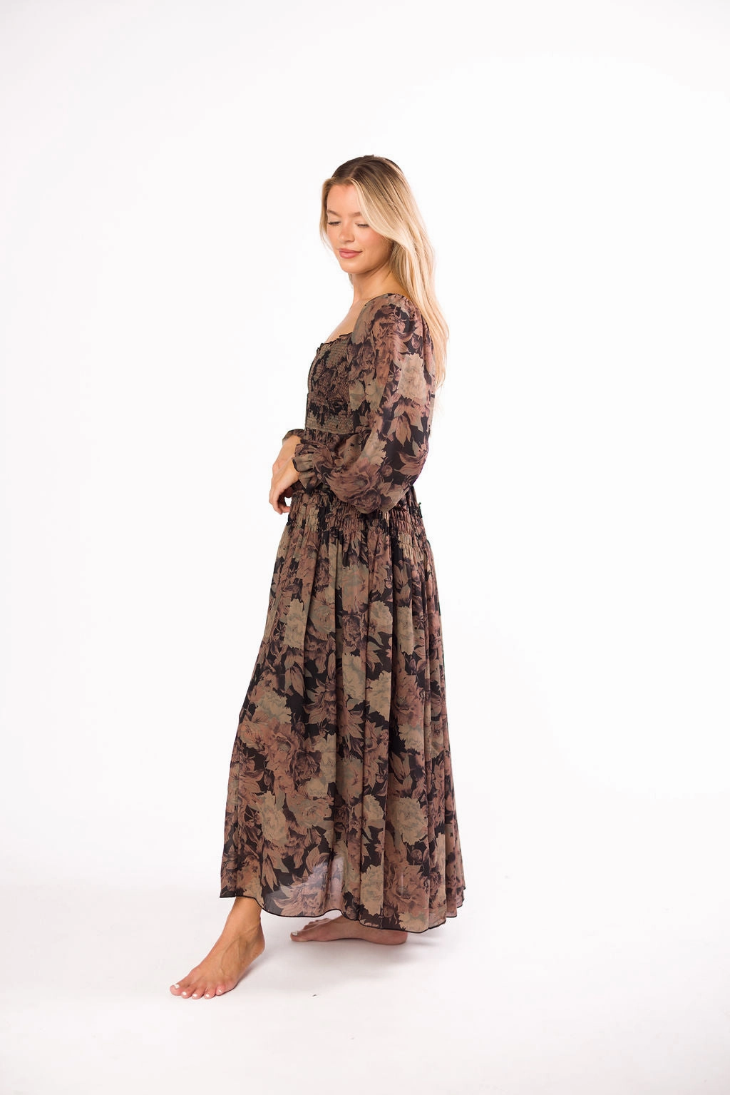 Blaine Smocked Maxi Dress in Black Floral Day Fit Gender Free