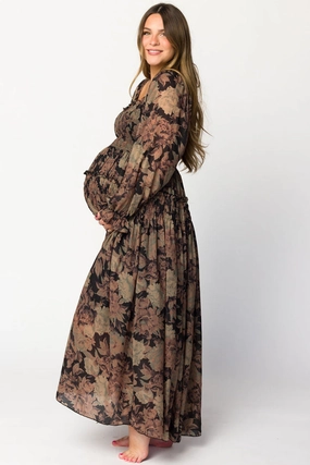 Soft Motion Blaine Smocked Maxi Dress in Black Floral