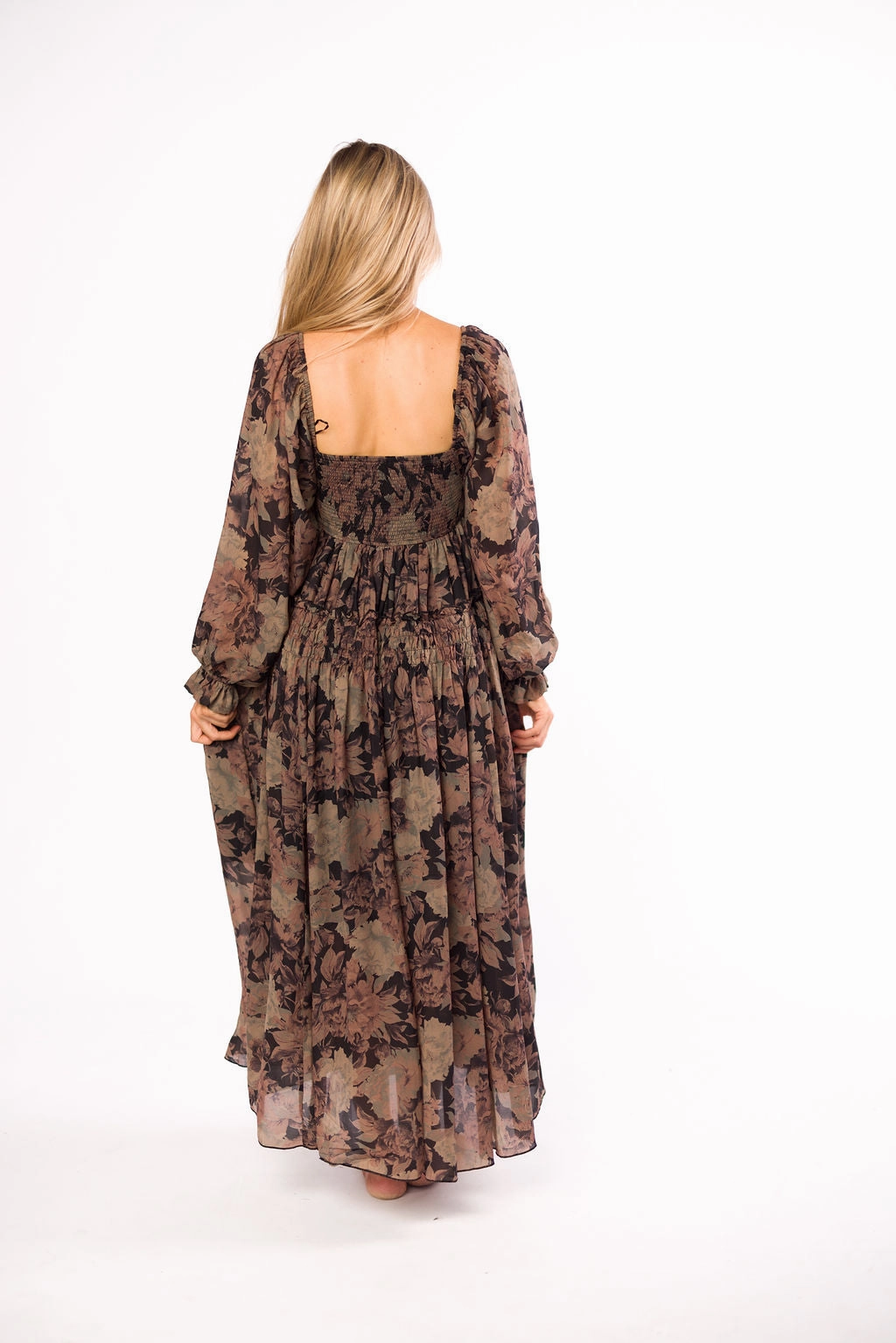 Blaine Smocked Maxi Dress in Black Floral Outfit Core