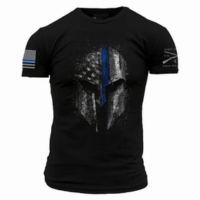 Non Irritating Tags Functional Fit Blue Line Spartan T-Shirt - Black