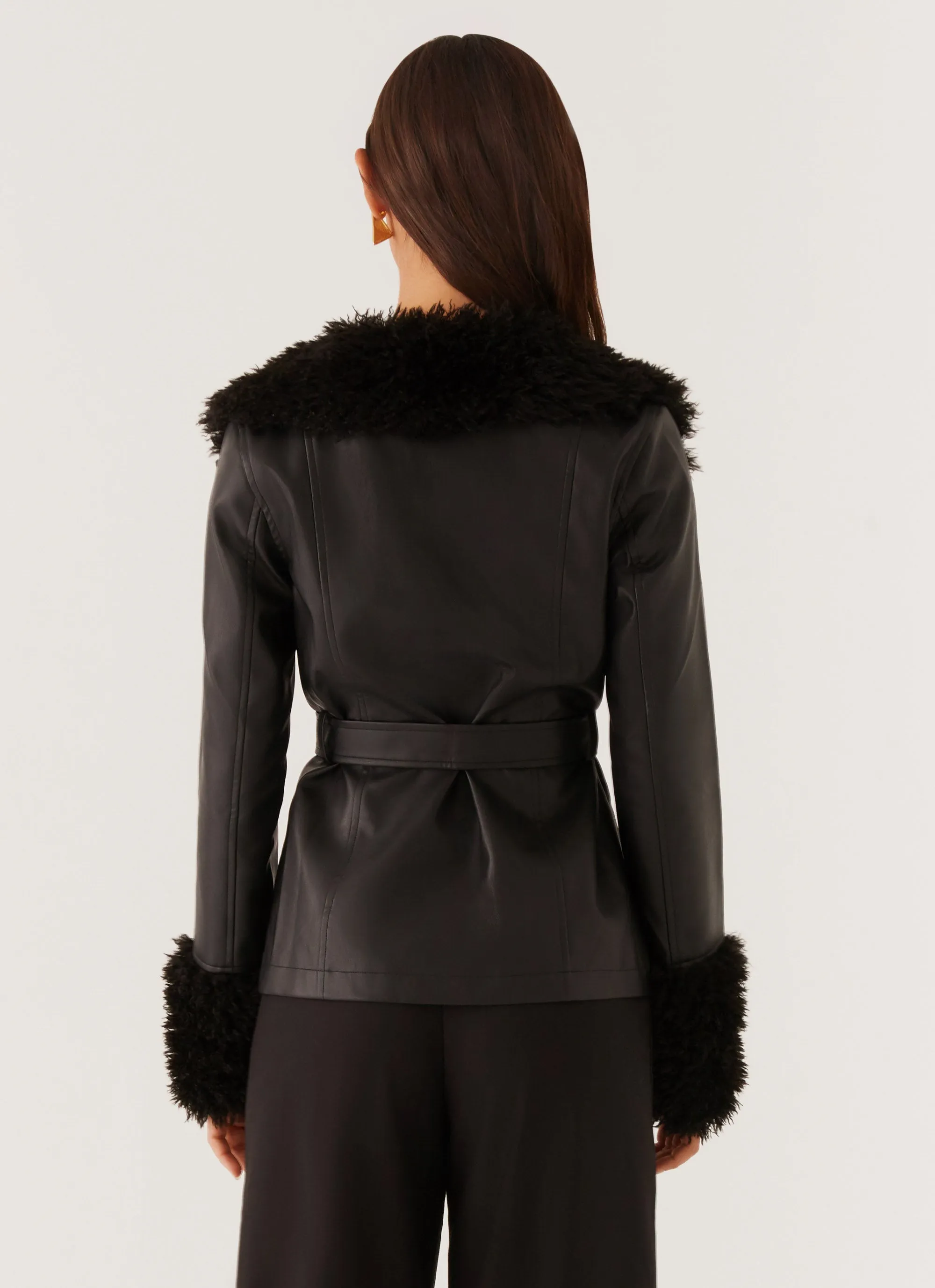 Street Lights Fur Trim Jacket - Black countryside