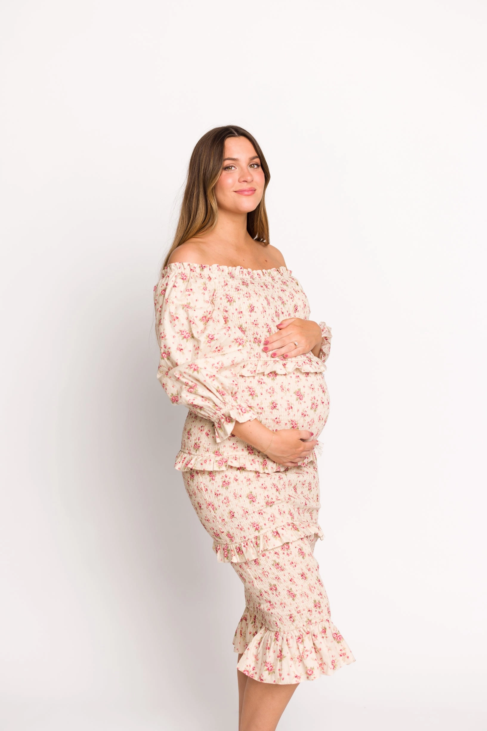 Sweet Mood Signature-Style Lila Floral Printed Smocked Midi Dress in Pink - Bump Friendly *Final-Sale*