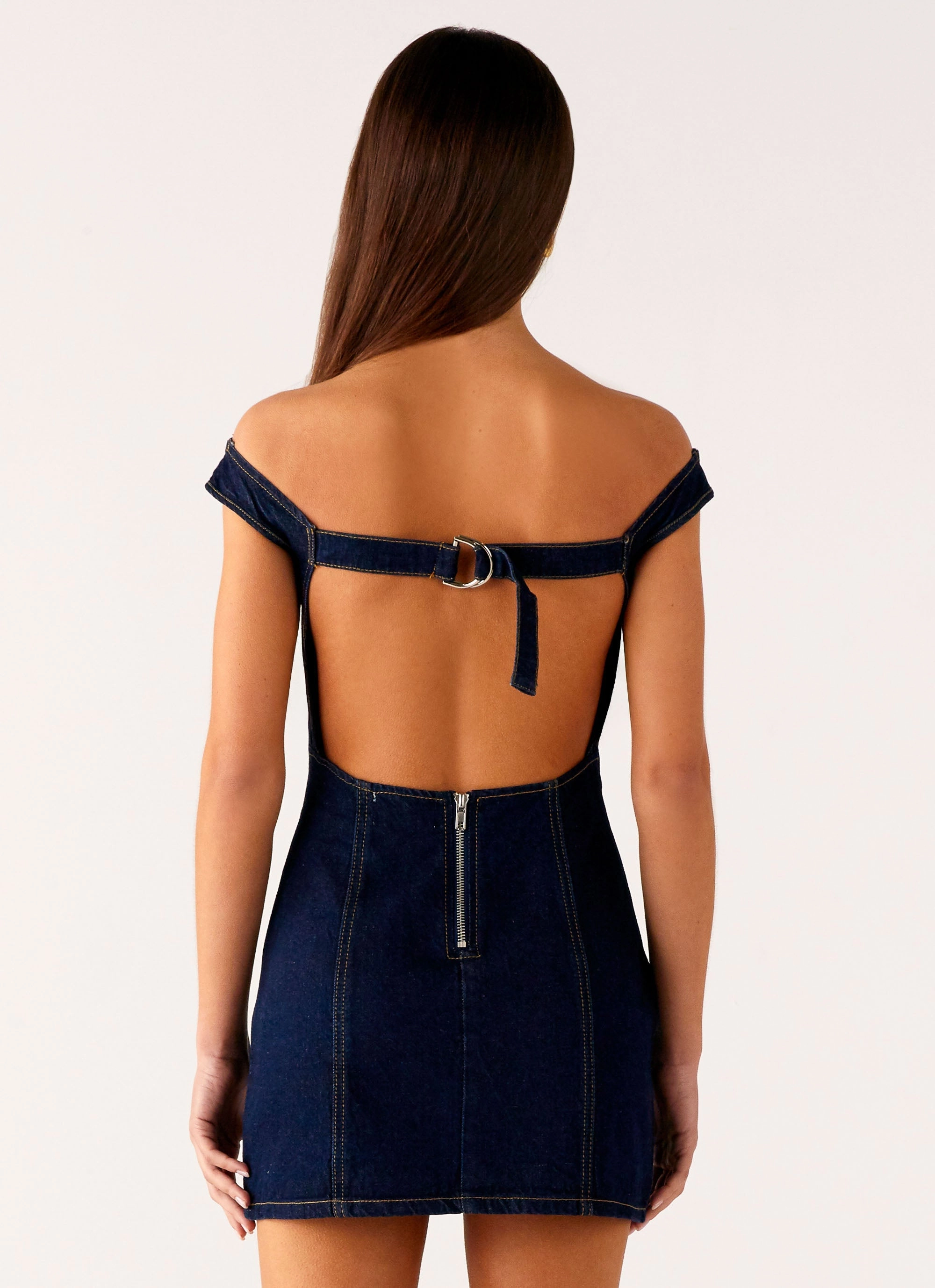 Bonnie Denim Mini Dress - Indigo Romantic Bloom Edge Detail