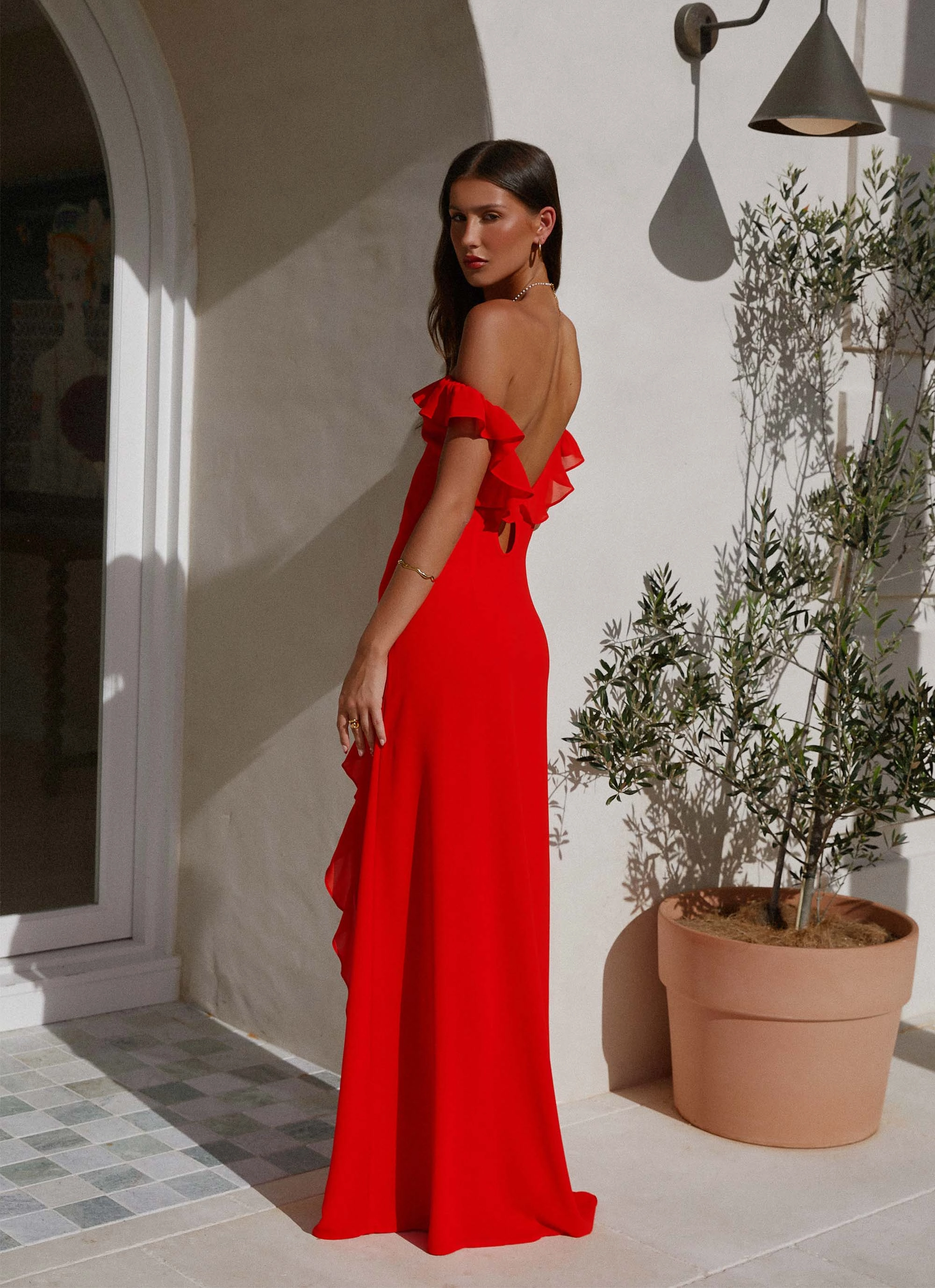 Tonal-Stitching Bride Side Braxton Maxi Dress - Red