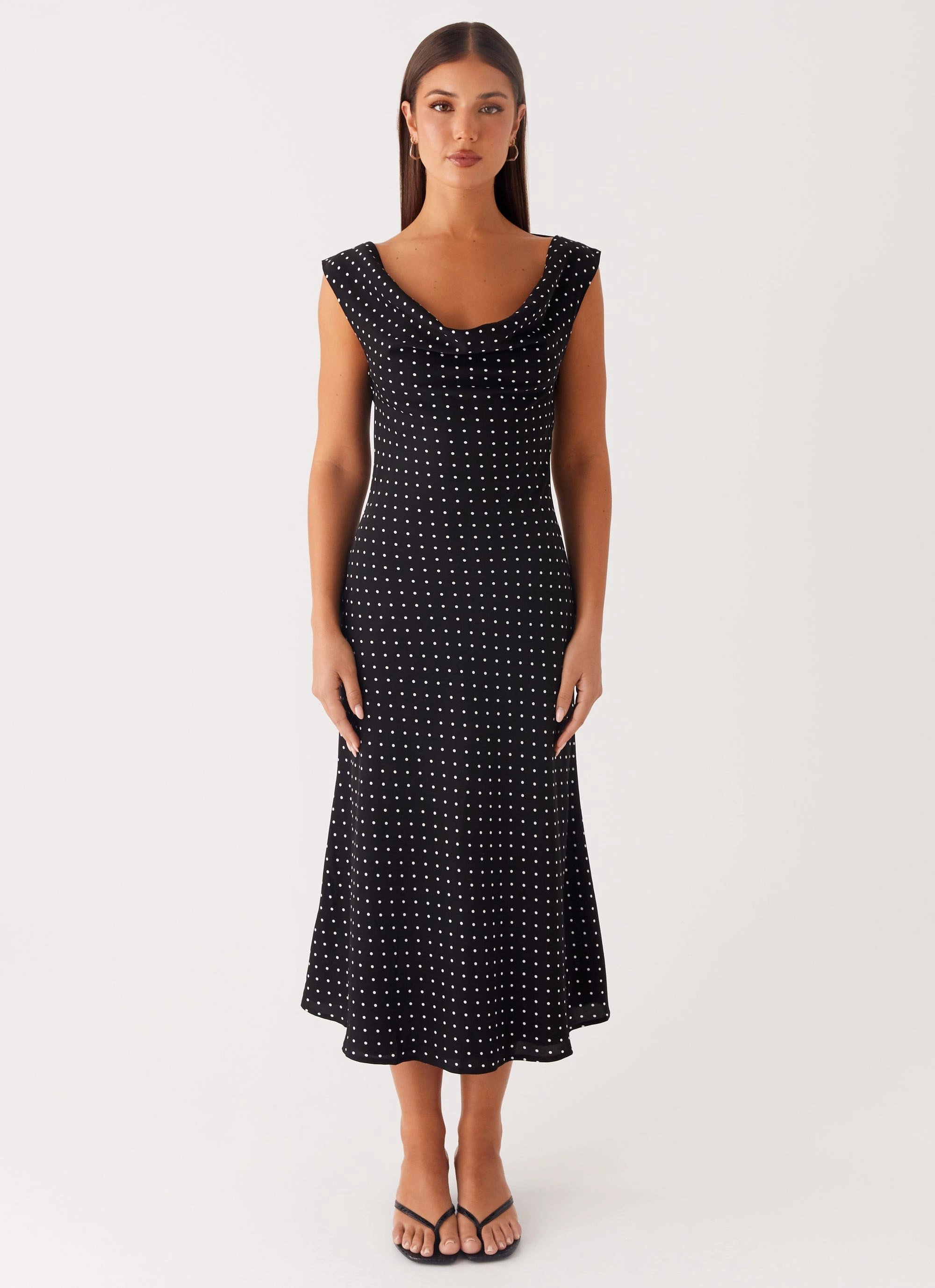 Role Model Maxi Dress - Black Polka Dot Cozy Mood Asymmetric-Neck