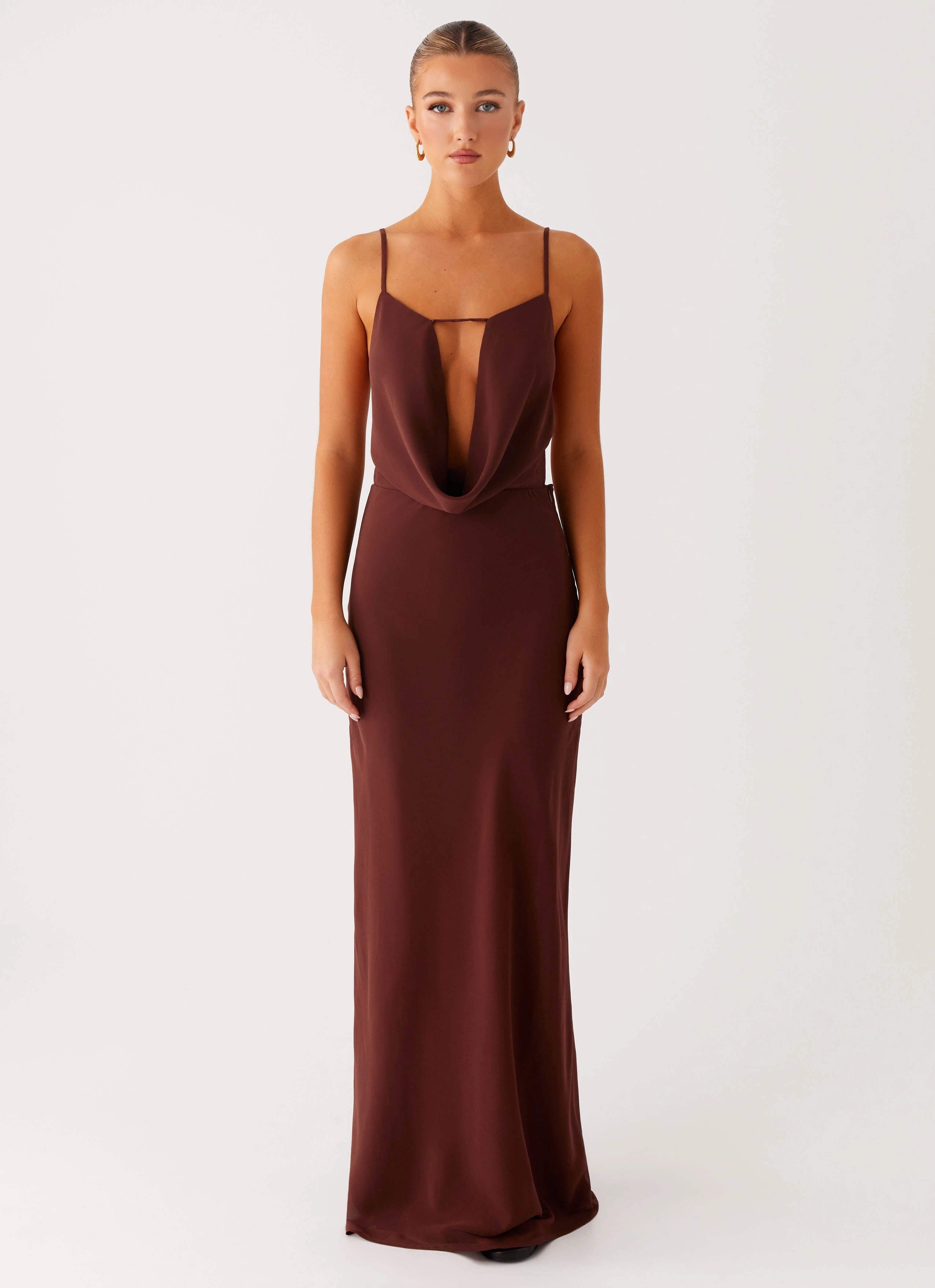 Elation Cowl Neck Maxi Dress - Chocolate Fashionable Cut Smart and Relaxed