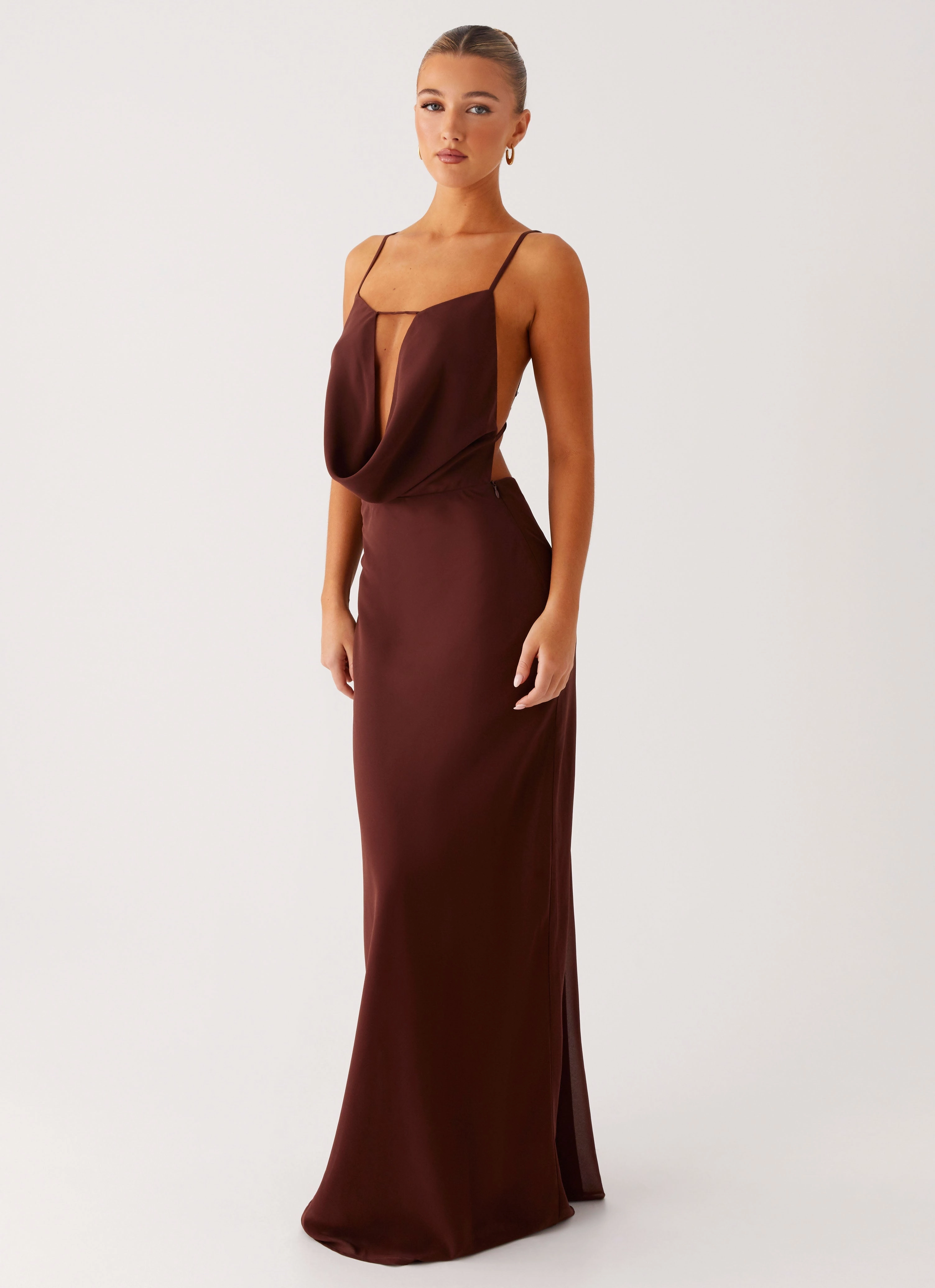 Date Vibe Modern Layering Elation Cowl Neck Maxi Dress - Chocolate