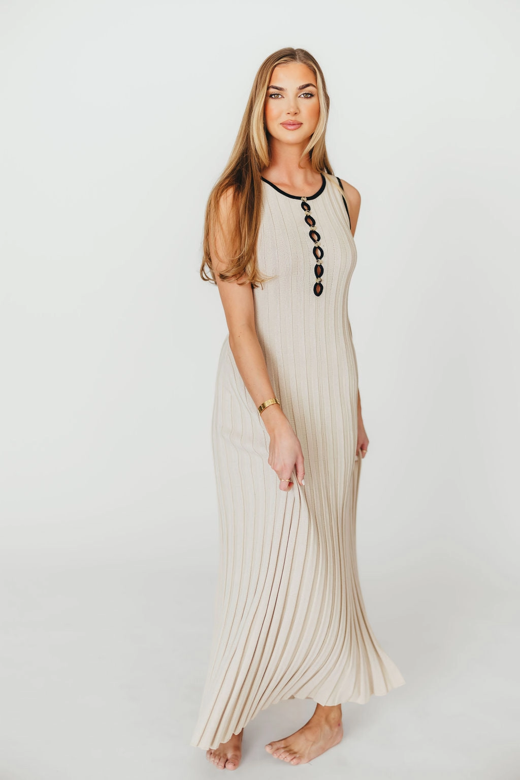 Gathered-Detail Brianne Button Down Ribbed Knit Maxi Dress in Taupe/Black *Final-Sale*