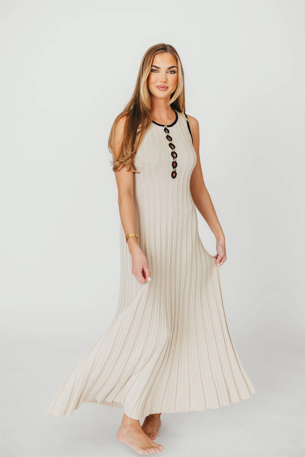 Brianne Button Down Ribbed Knit Maxi Dress in Taupe/Black *Final-Sale* luxe feel