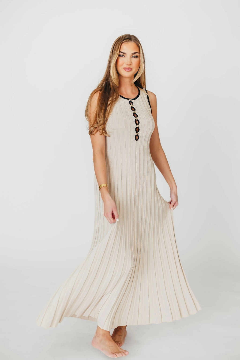 Brianne Button Down Ribbed Knit Maxi Dress in Taupe/Black *Final-Sale* Lace Soft Feminine Movement