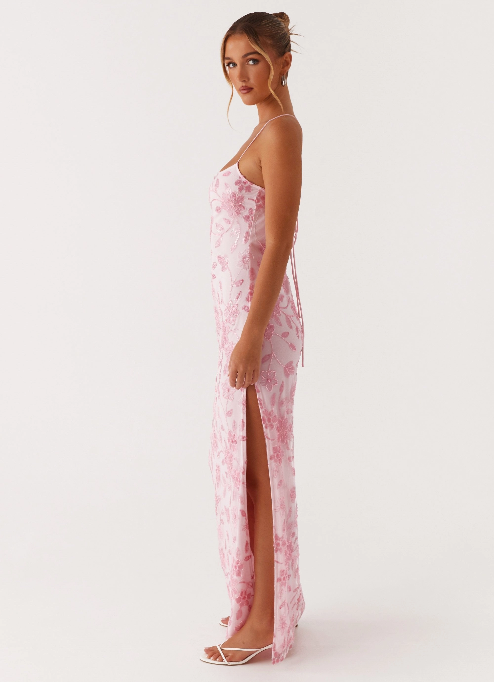 Bright Lights Beaded Maxi Dress - Pink Fold-Over-Detail