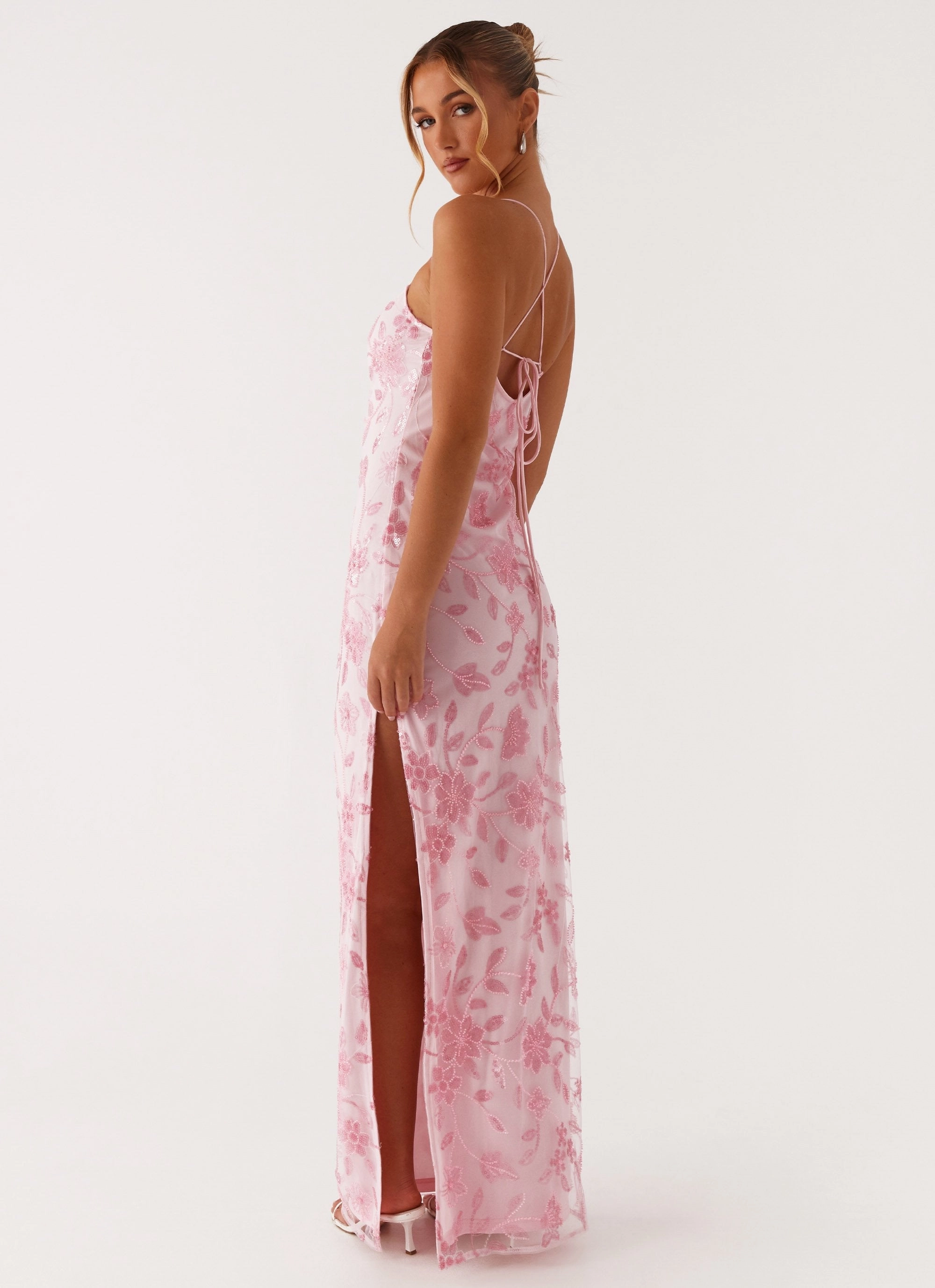Simple Ease V-Neck Bright Lights Beaded Maxi Dress - Pink