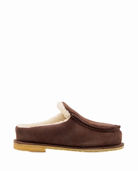 Brown Suede Mules With Cozy Fur Interior And Embossed Seams Comfortable For Cross Training