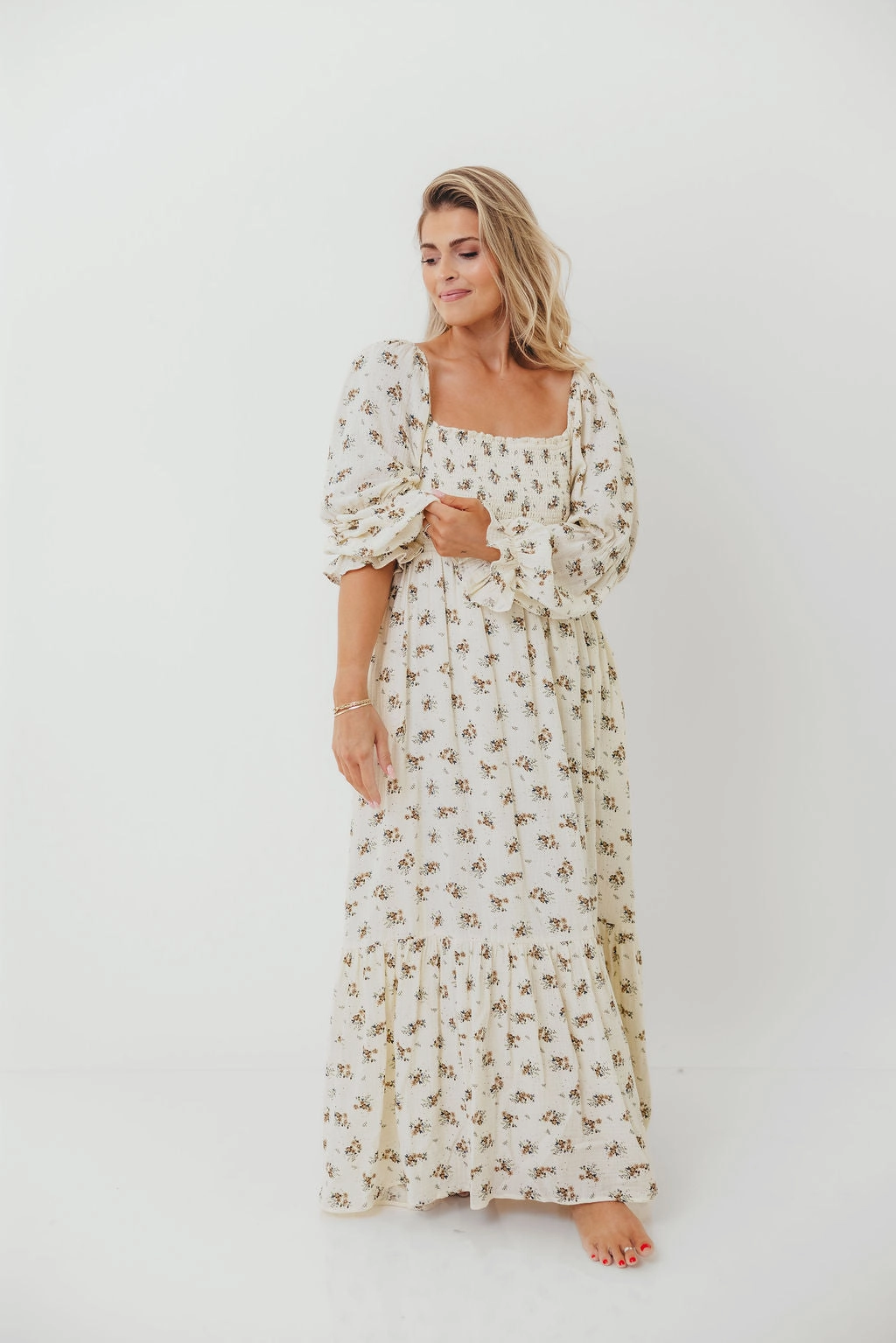 Emerson 100% Cotton Smocked Maxi Dress with Long Sleeves in Off White - Bump Friendly Light Elegance