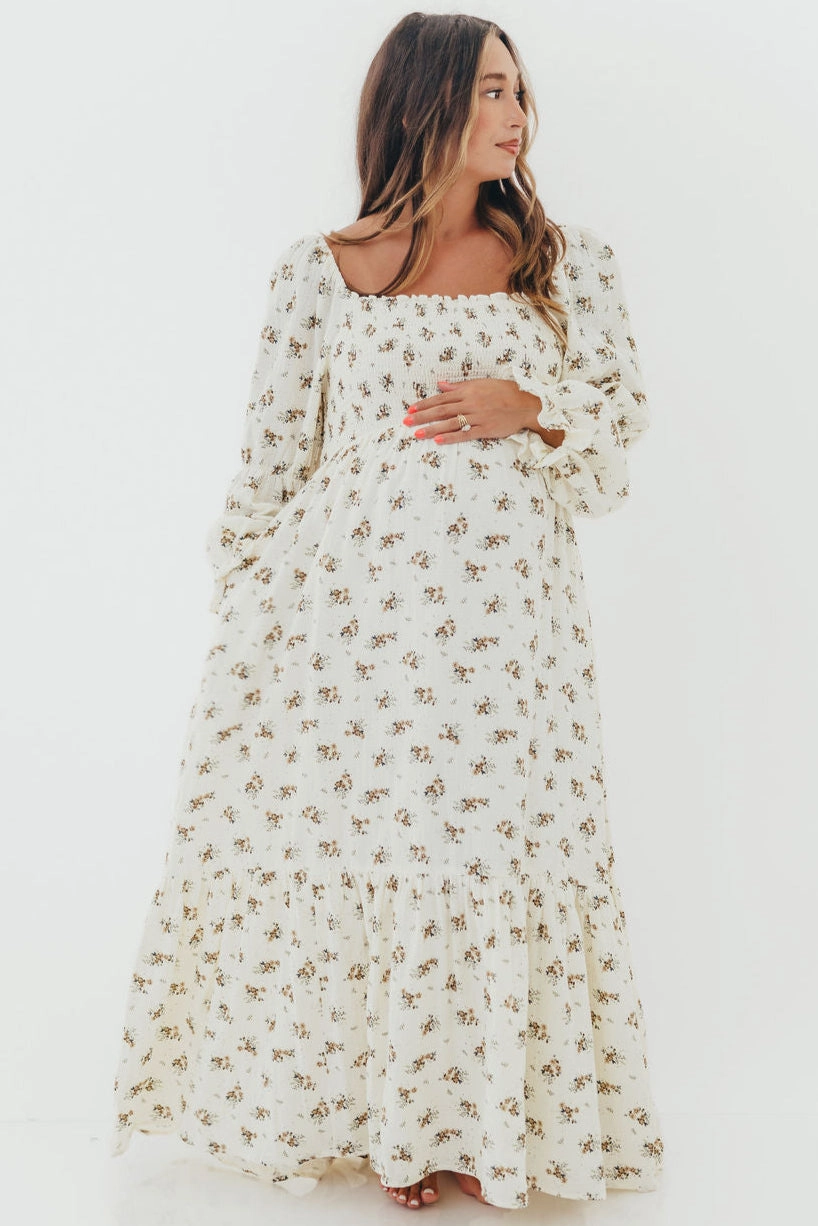 Emerson 100% Cotton Smocked Maxi Dress with Long Sleeves in Off White - Bump Friendly Summer Staple summer breeze