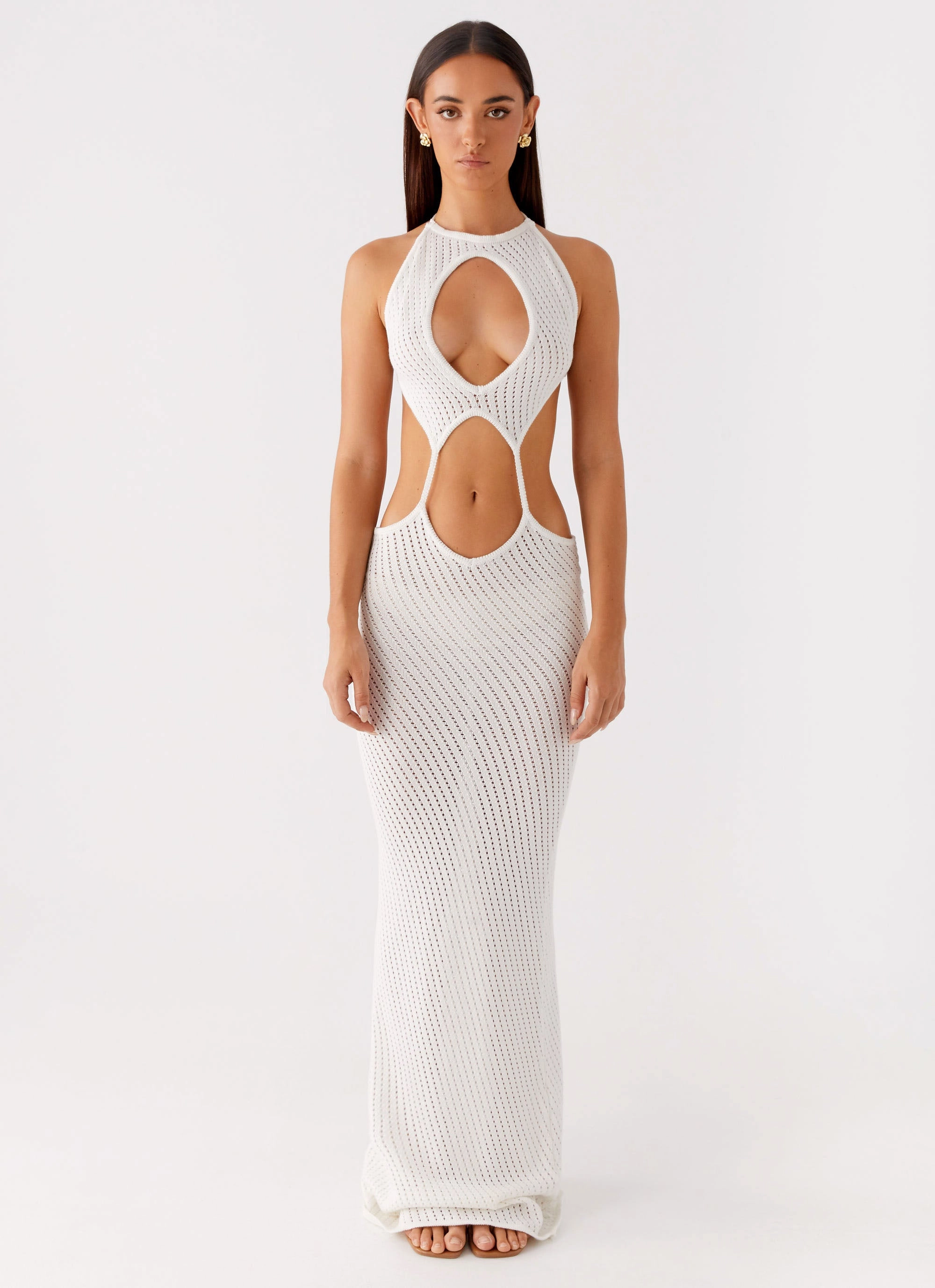 Elastic Fit Sequin-Detail Caicos Crochet Maxi Dress - White