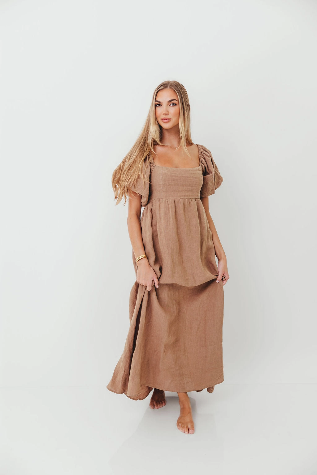 Candace Woven Linen Maxi Dress in Mocha - Bump Friendly Subtle Glam