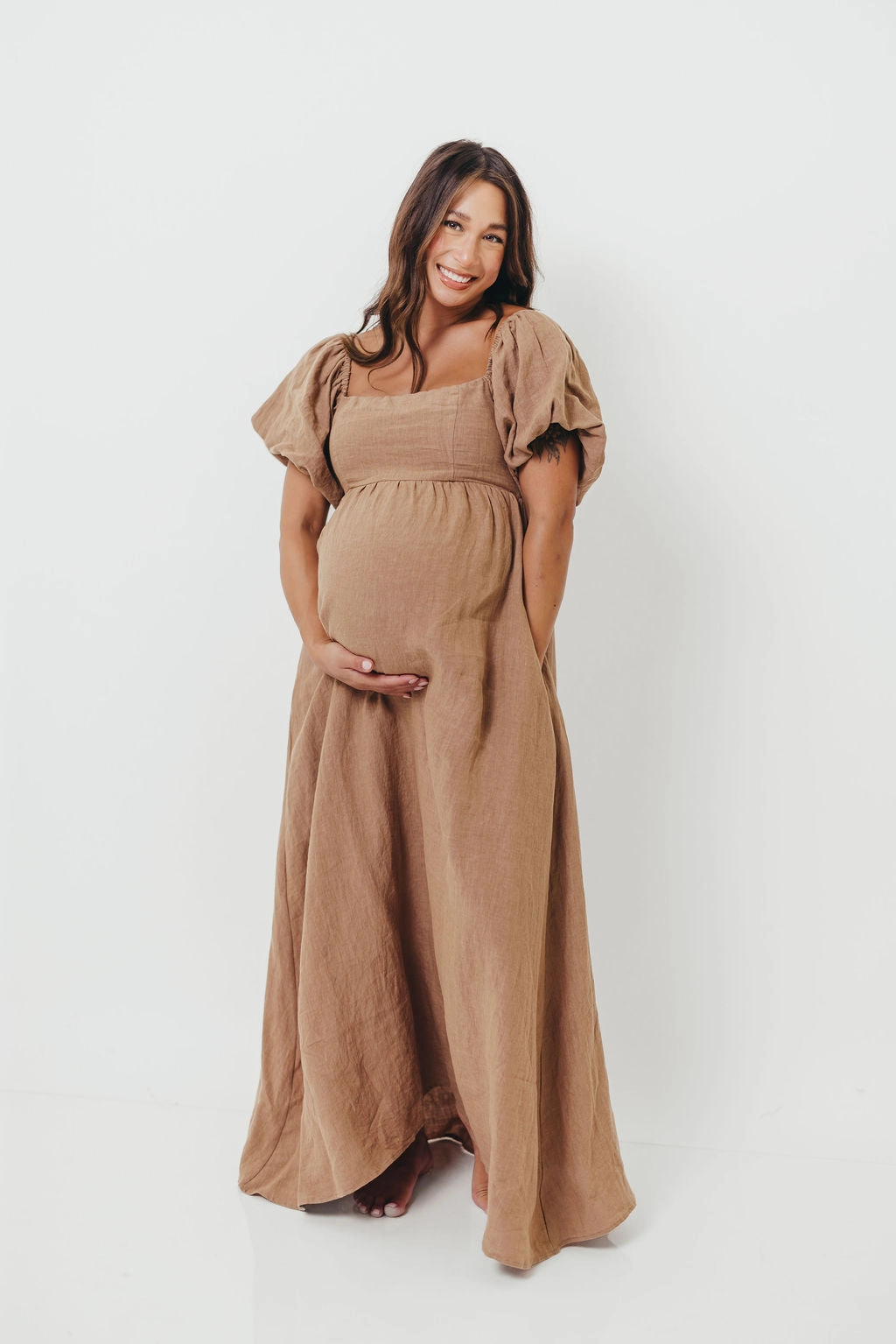 Candace Woven Linen Maxi Dress in Mocha - Bump Friendly Comfy and Relaxed