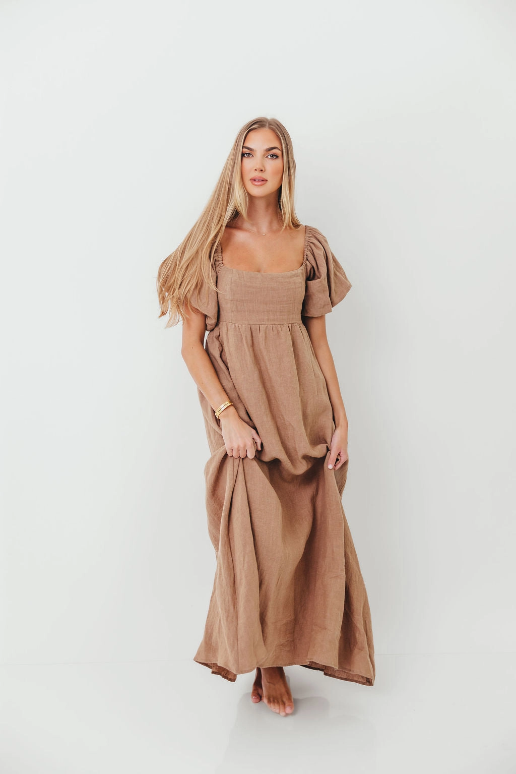 Subtle Fit Minimal Aesthetic Candace Woven Linen Maxi Dress in Mocha - Bump Friendly